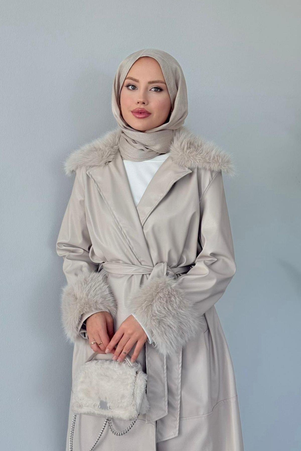 Monako Deri Kürklü Trenç Bej, Fiyatları Monako Deri Kürklü Trenç Bej- Haza Moda 