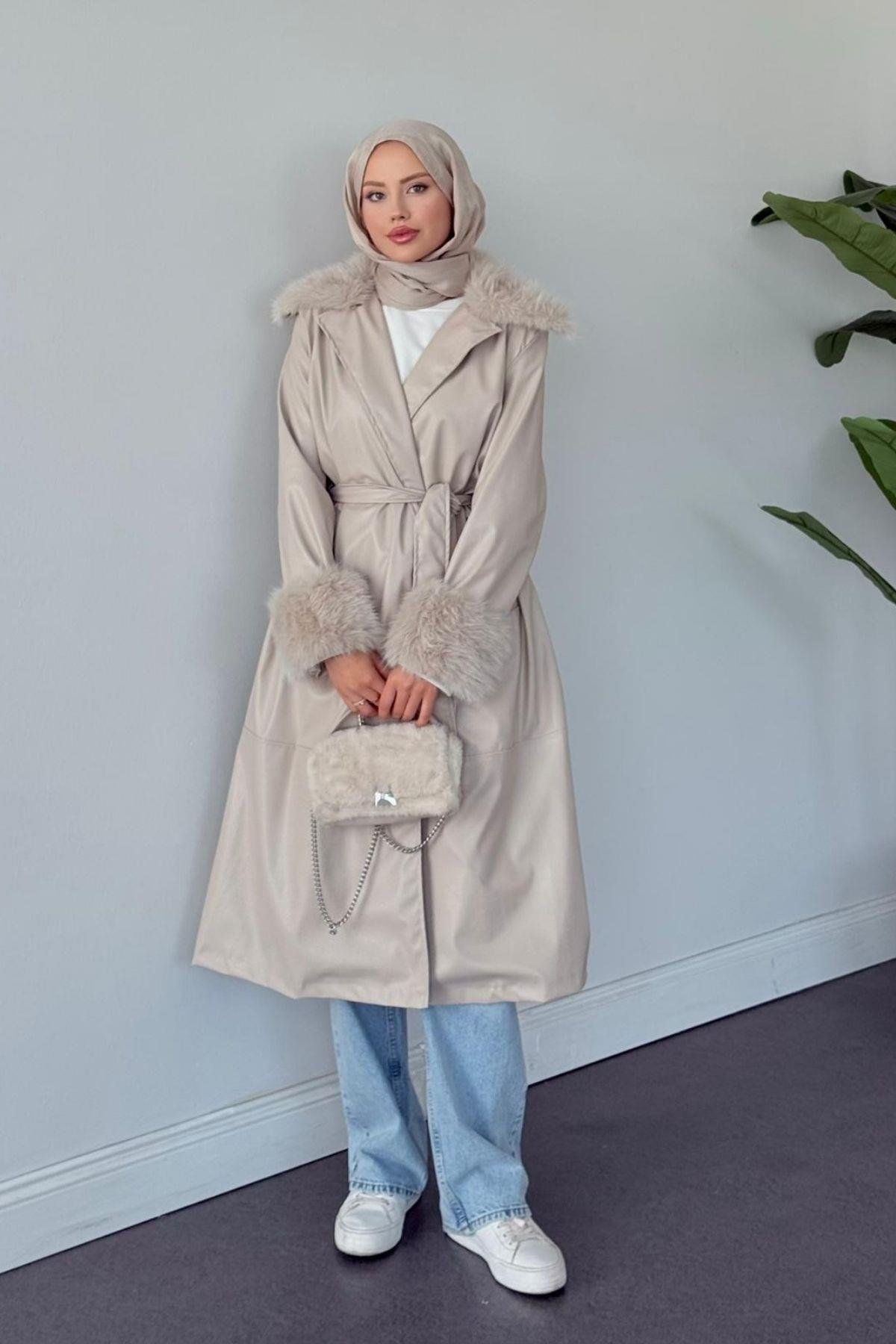 Monako Deri Kürklü Trenç Bej, Fiyatları Monako Deri Kürklü Trenç Bej- Haza Moda 