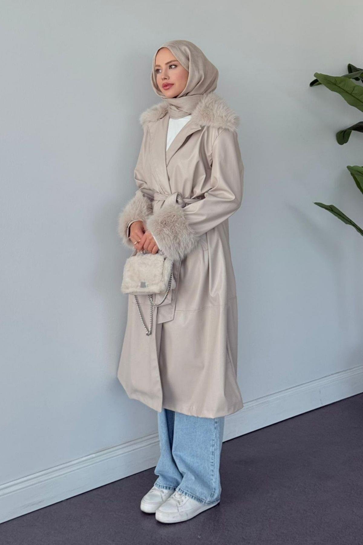 Monako Deri Kürklü Trenç Bej, Fiyatları Monako Deri Kürklü Trenç Bej- Haza Moda 