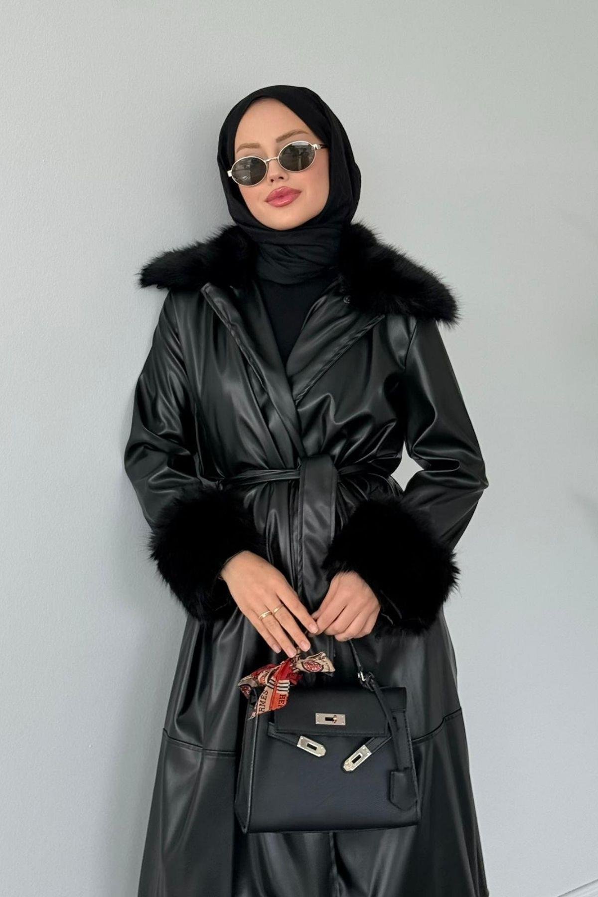 Monako Deri Kürklü Trenç Siyah, Fiyatları Monako Deri Kürklü Trenç Siyah- Haza Moda 