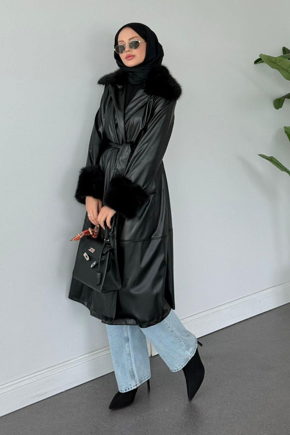 Monako Deri Kürklü Trenç Siyah, Fiyatları Monako Deri Kürklü Trenç Siyah- Haza Moda 