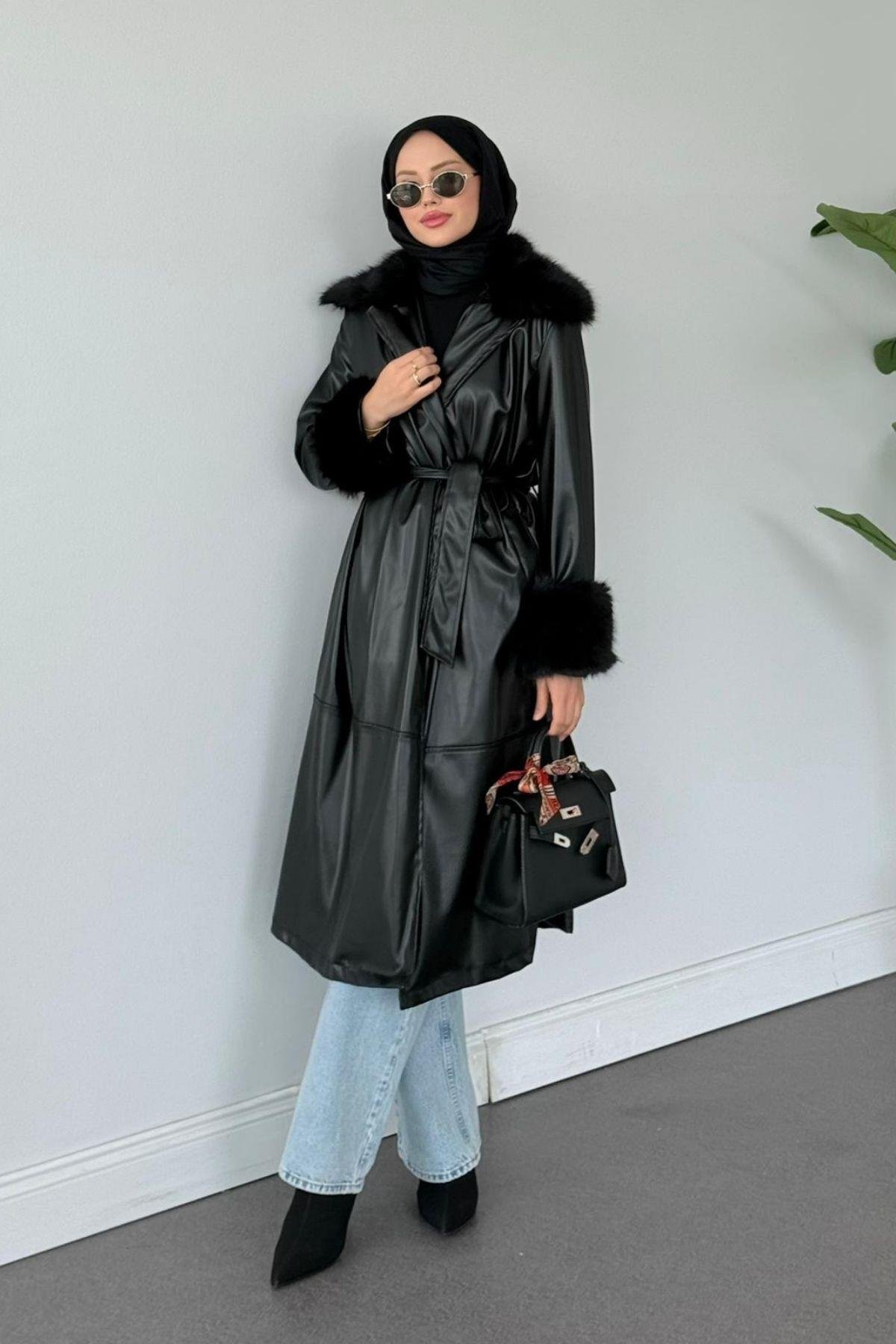 Monako Deri Kürklü Trenç Siyah, Fiyatları Monako Deri Kürklü Trenç Siyah- Haza Moda 