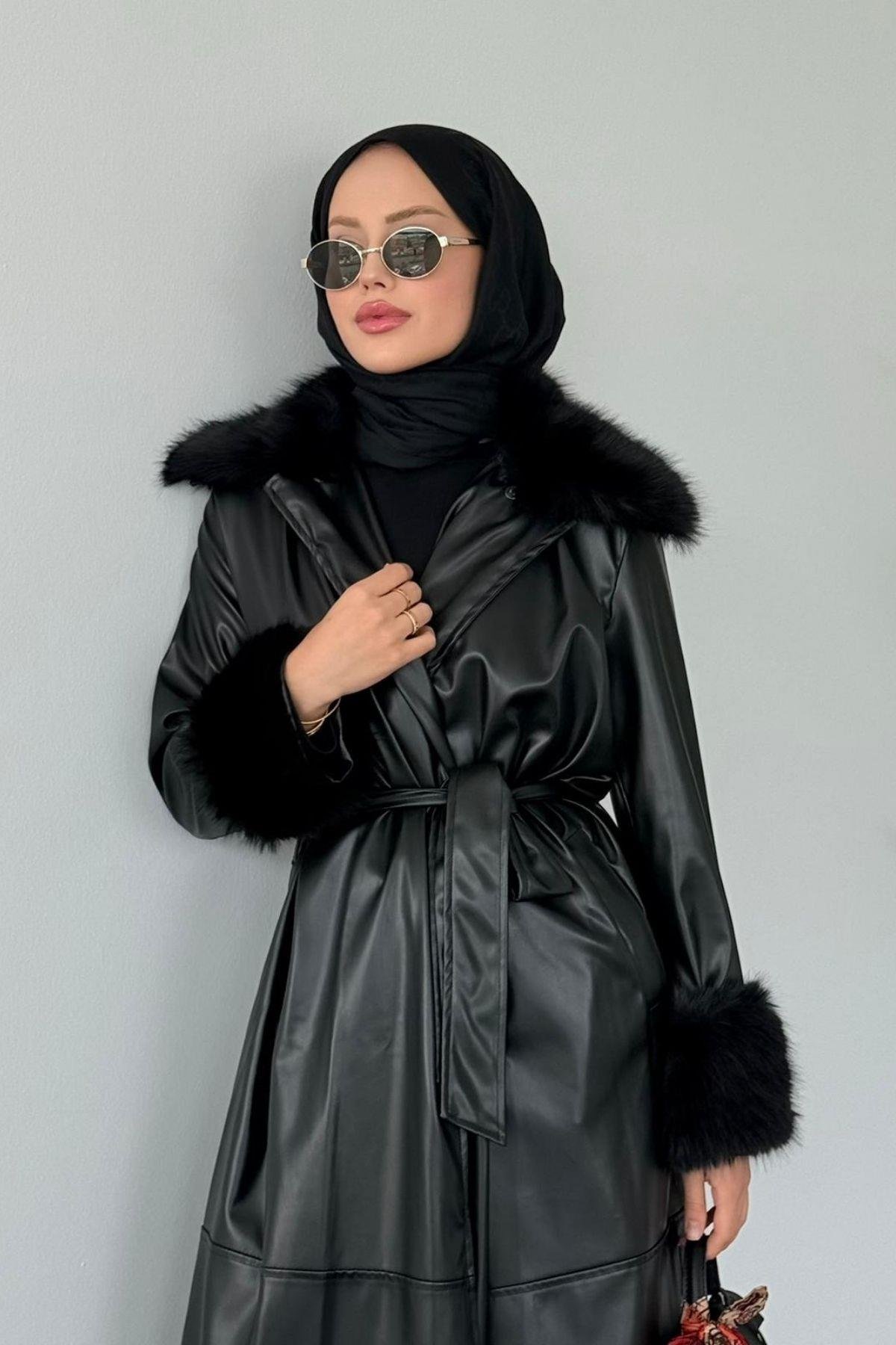 Monako Deri Kürklü Trenç Siyah, Fiyatları Monako Deri Kürklü Trenç Siyah- Haza Moda 