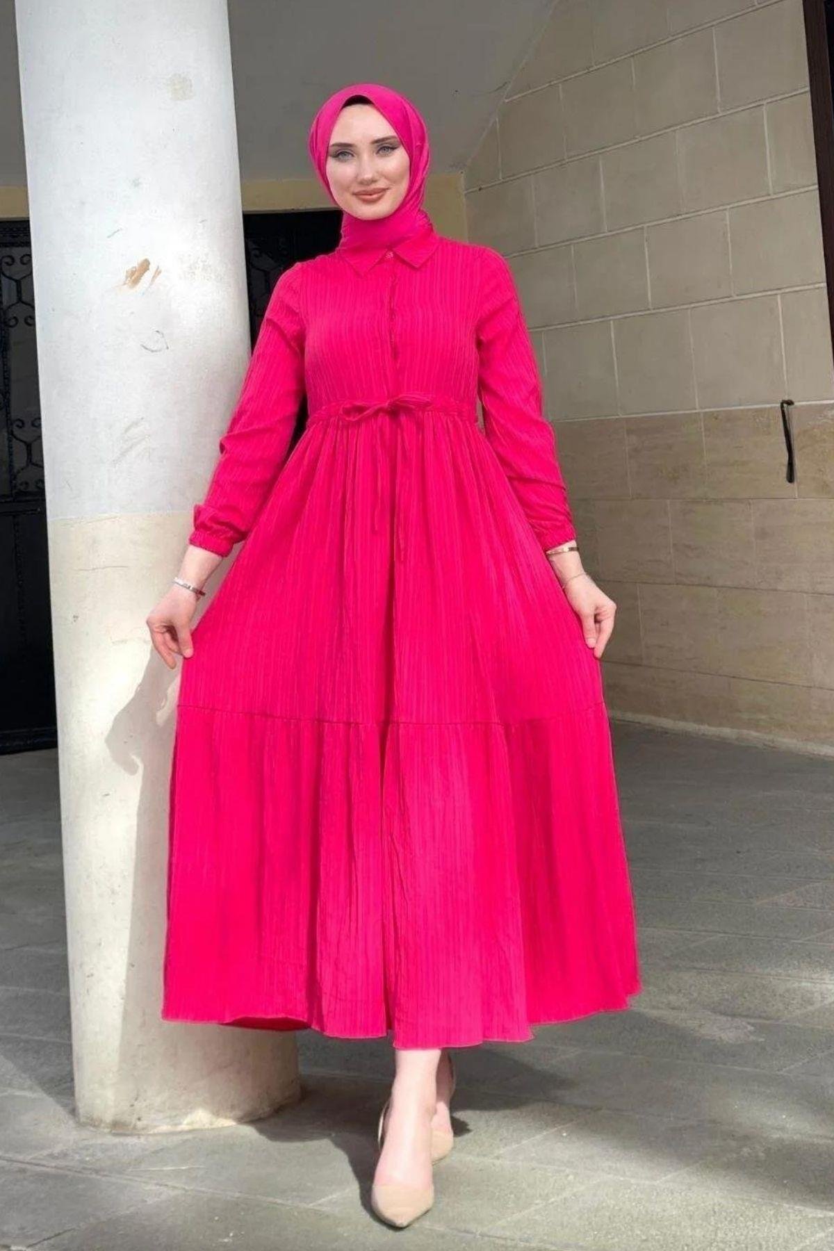 Müslin Elbise Fuşya, Fiyatları Müslin Elbise Fuşya – Haza Moda | Tesettür Giyim