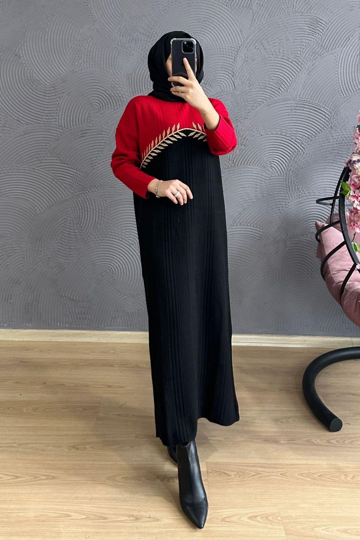 Nakışlı Triko Elbise Kırmızı, Fiyatları Nakışlı Triko Elbise Kırmızı – Haza Moda | Tesettür Giyim