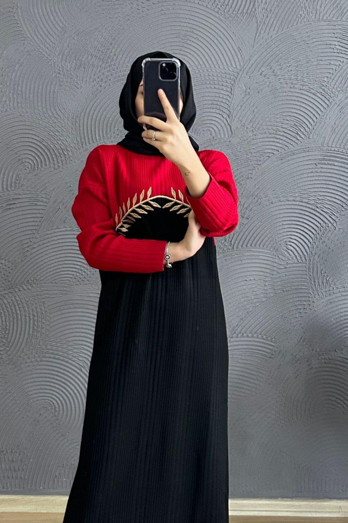 Nakışlı Triko Elbise Kırmızı, Fiyatları Nakışlı Triko Elbise Kırmızı – Haza Moda | Tesettür Giyim