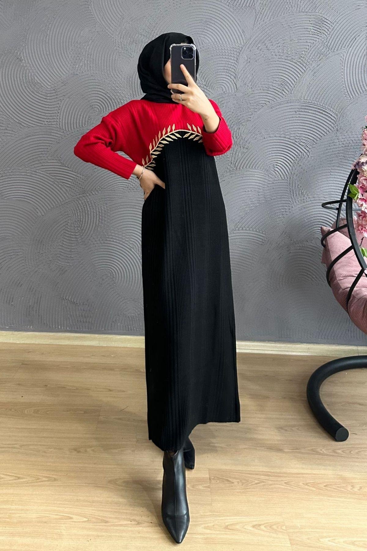 Nakışlı Triko Elbise Kırmızı, Fiyatları Nakışlı Triko Elbise Kırmızı – Haza Moda | Tesettür Giyim