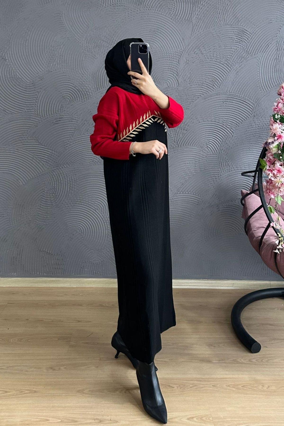 Nakışlı Triko Elbise Kırmızı, Fiyatları Nakışlı Triko Elbise Kırmızı – Haza Moda | Tesettür Giyim