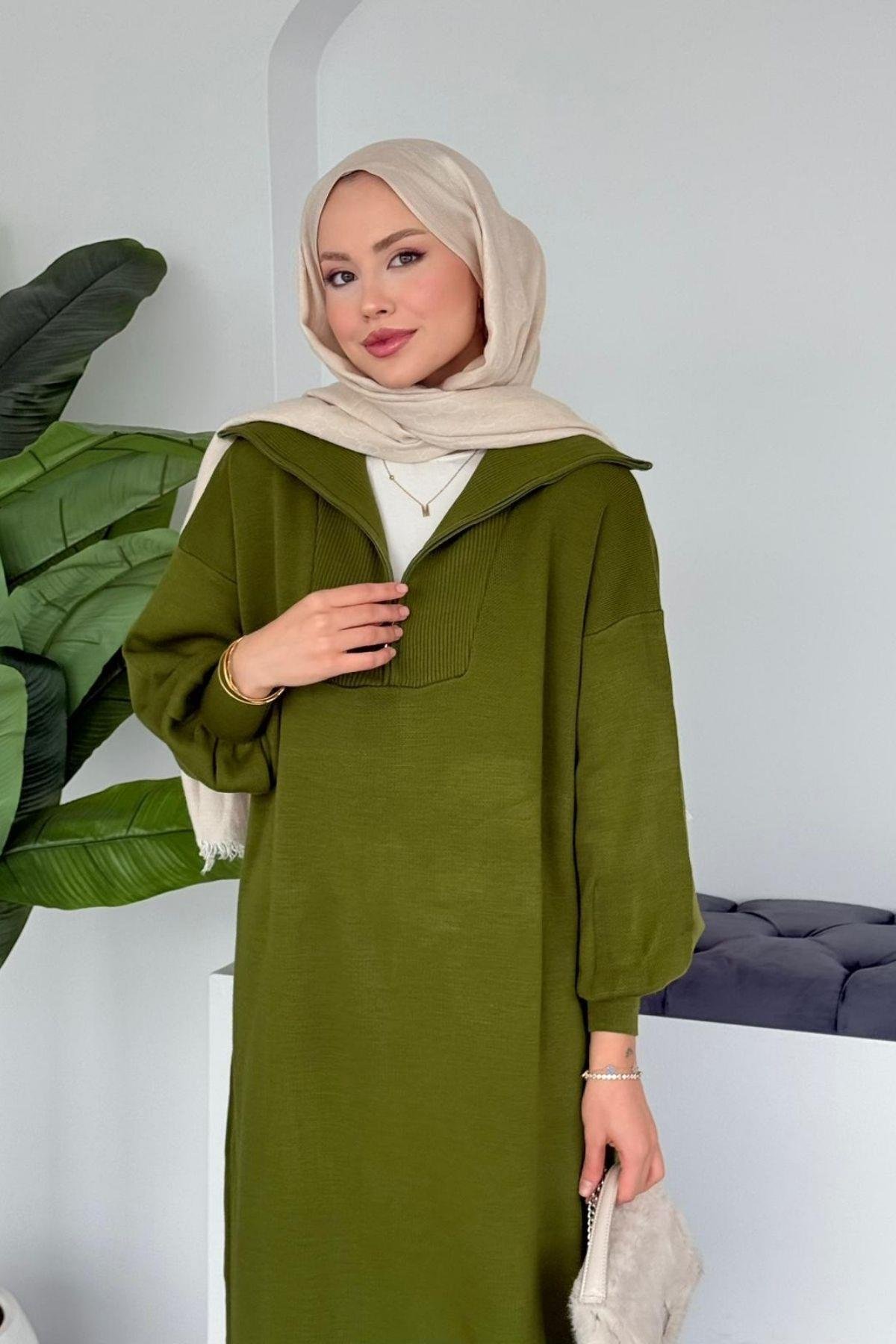 Nergis Triko Elbise Yağ Yeşili, Fiyatları Nergis Triko Elbise Yağ Yeşili- Haza Moda