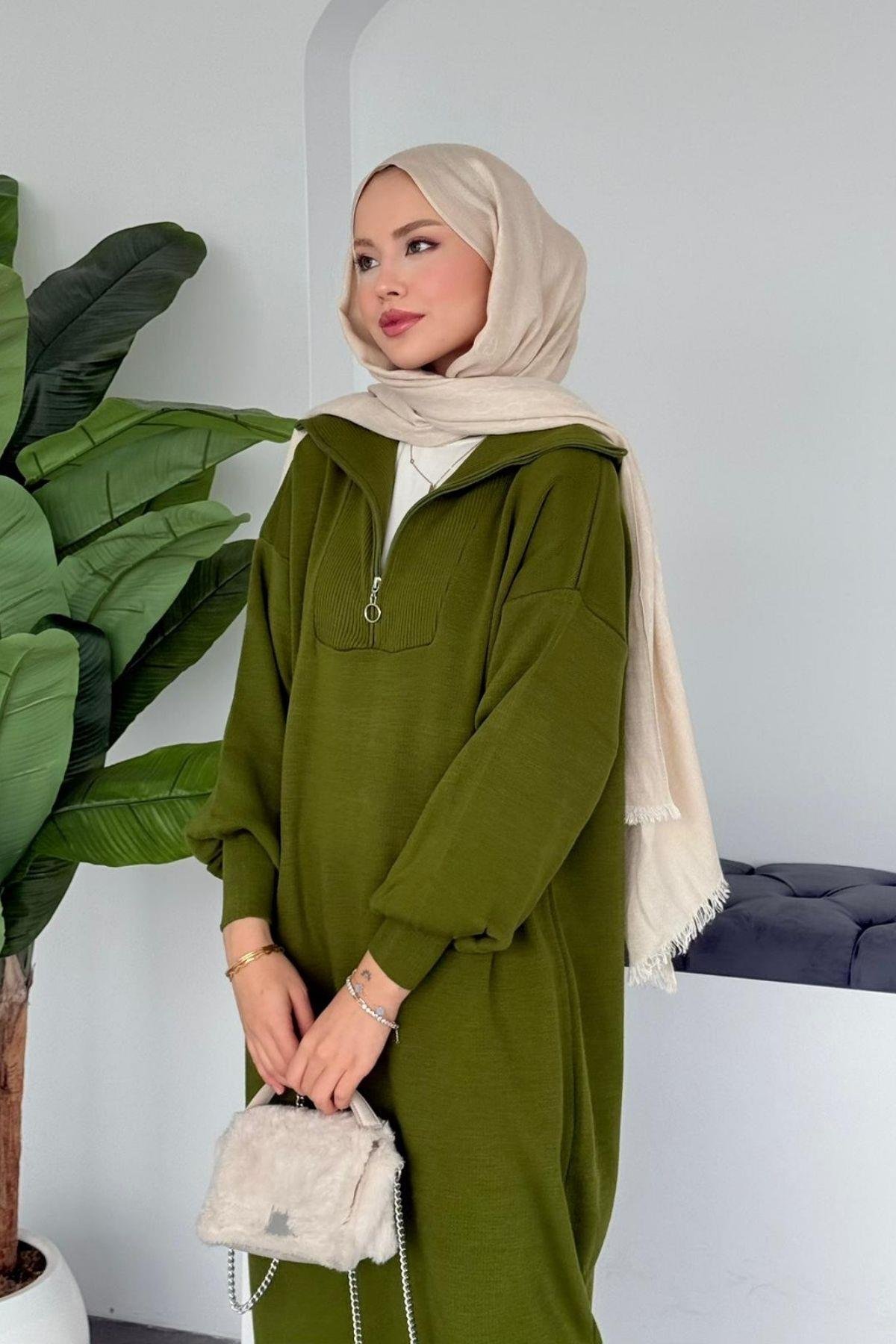 Nergis Triko Elbise Yağ Yeşili, Fiyatları Nergis Triko Elbise Yağ Yeşili- Haza Moda