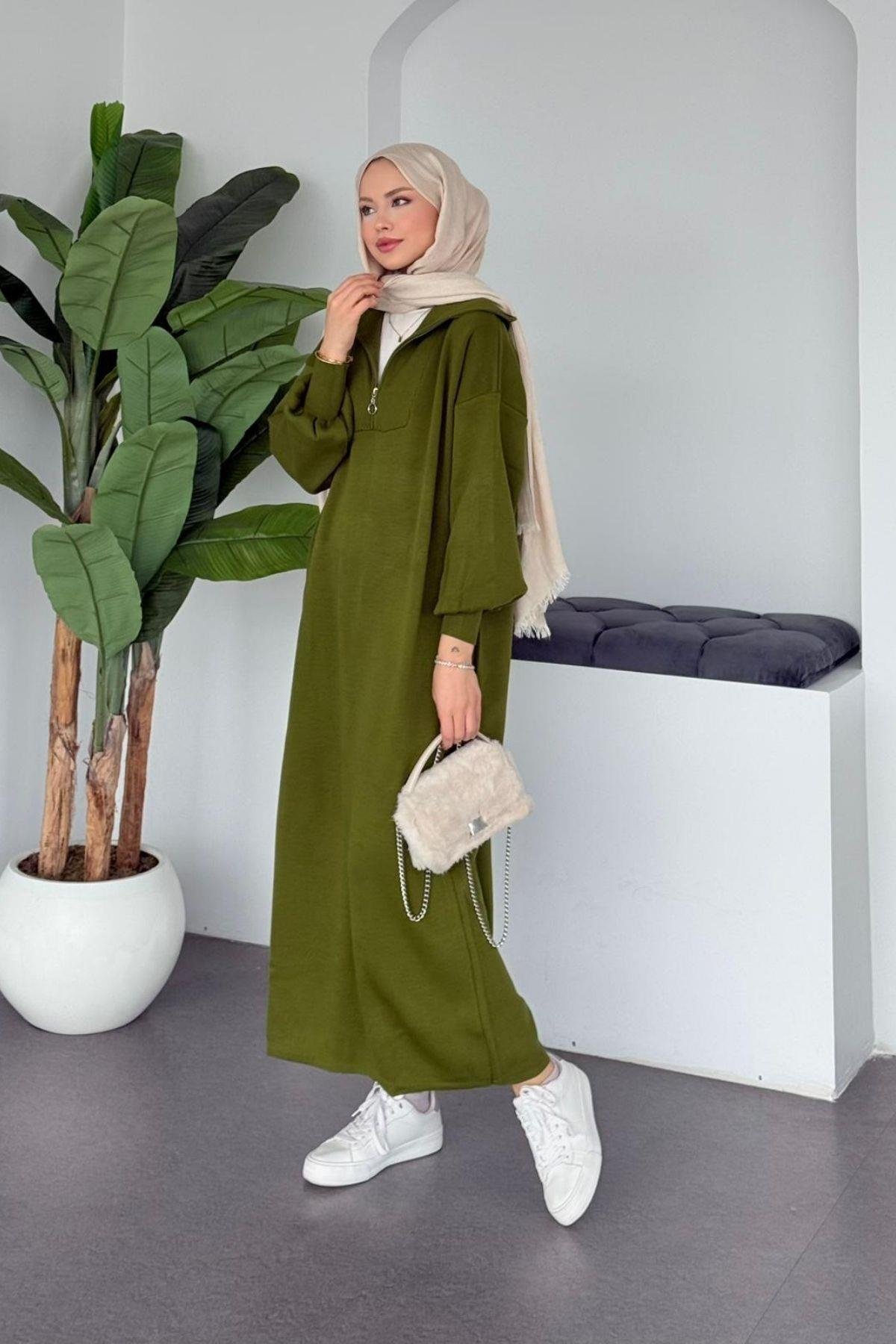 Nergis Triko Elbise Yağ Yeşili, Fiyatları Nergis Triko Elbise Yağ Yeşili- Haza Moda