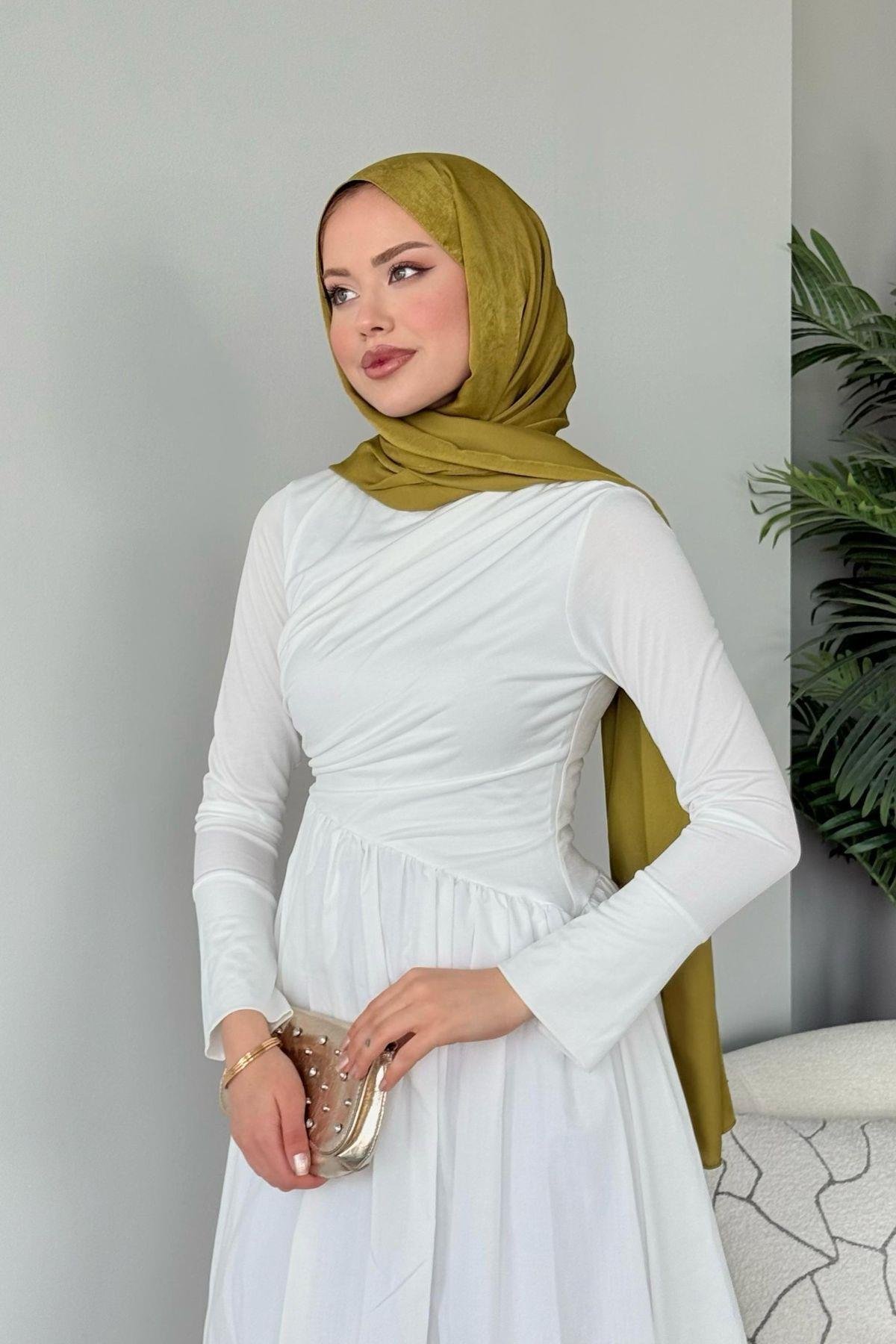 Nigar Garnili Elbise Beyaz, Fiyatları Nigar Garnili Elbise Beyaz- Haza Moda 