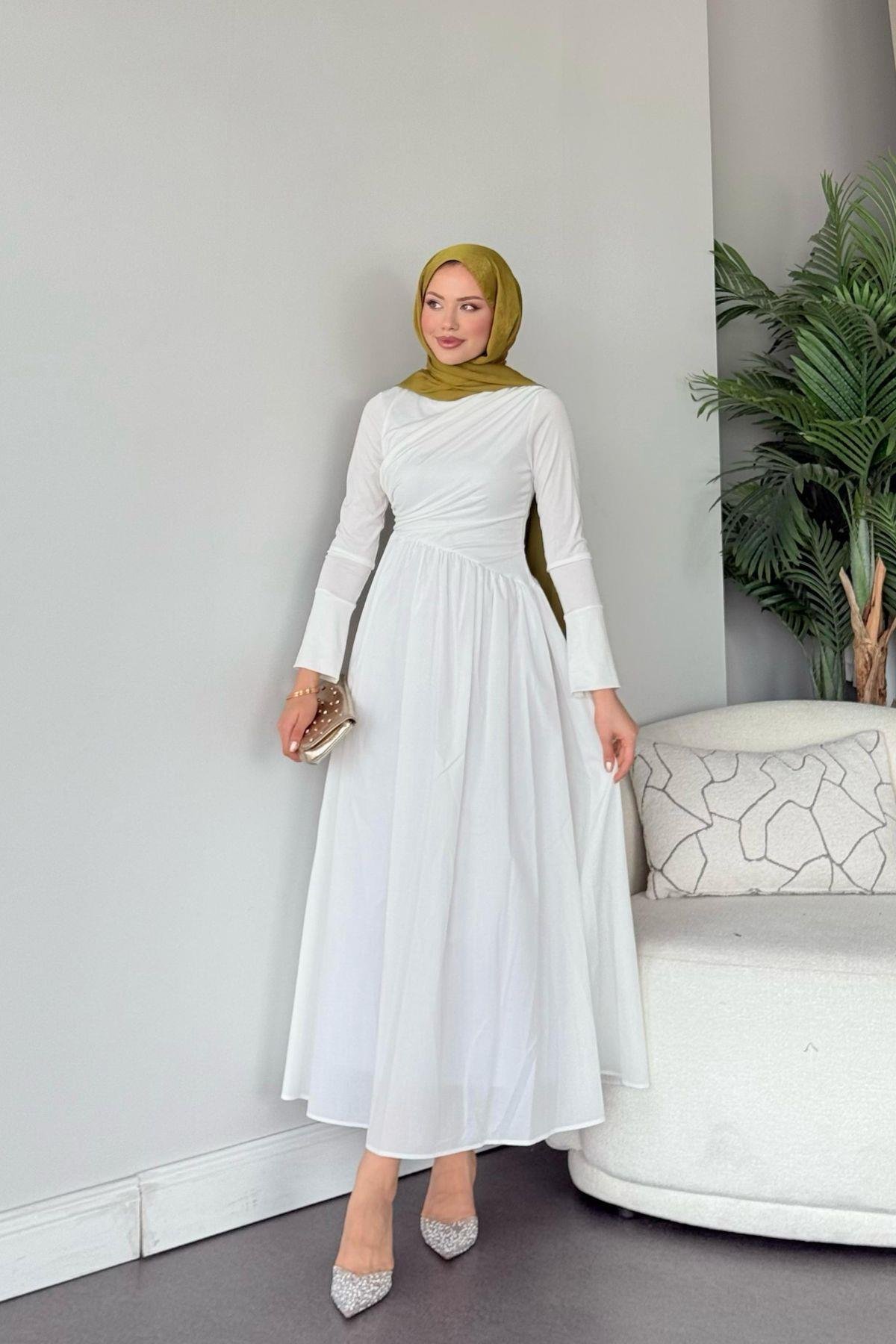 Nigar Garnili Elbise Beyaz, Fiyatları Nigar Garnili Elbise Beyaz- Haza Moda 