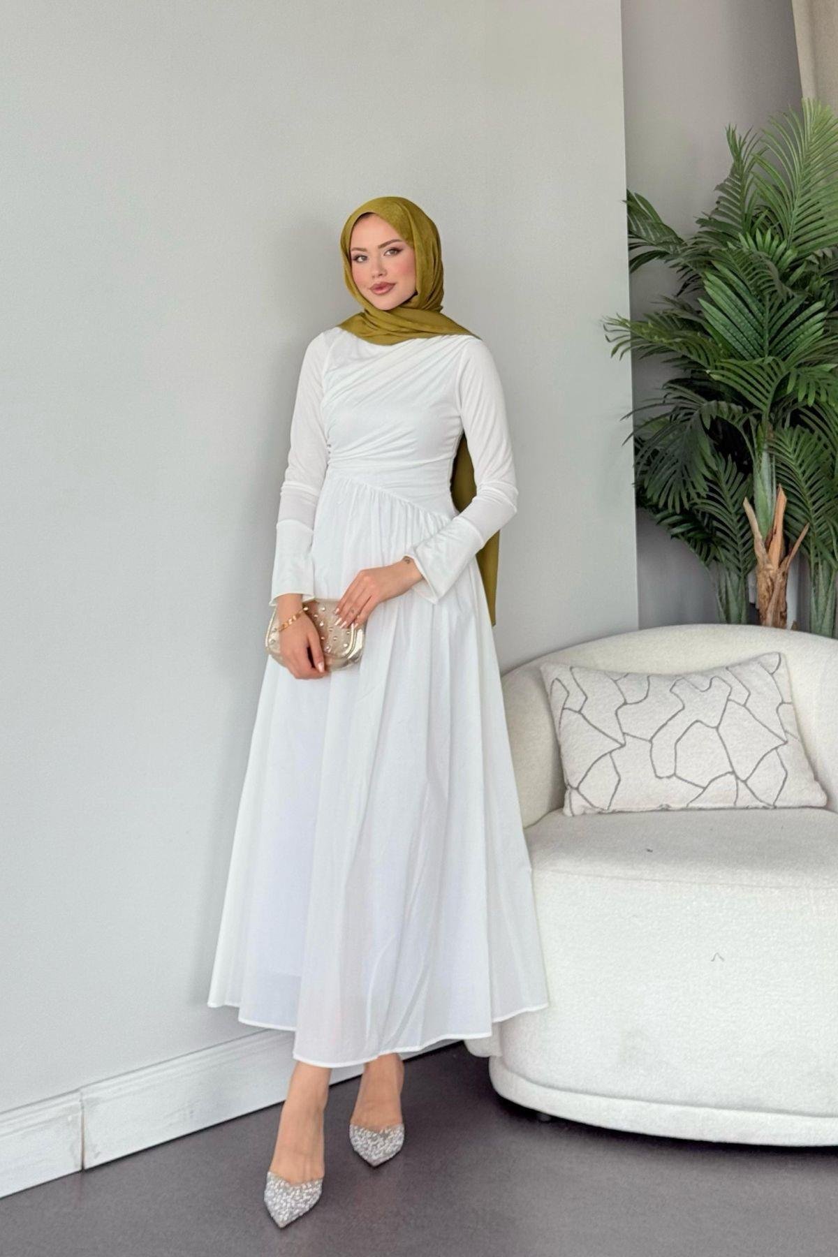 Nigar Garnili Elbise Beyaz, Fiyatları Nigar Garnili Elbise Beyaz- Haza Moda 