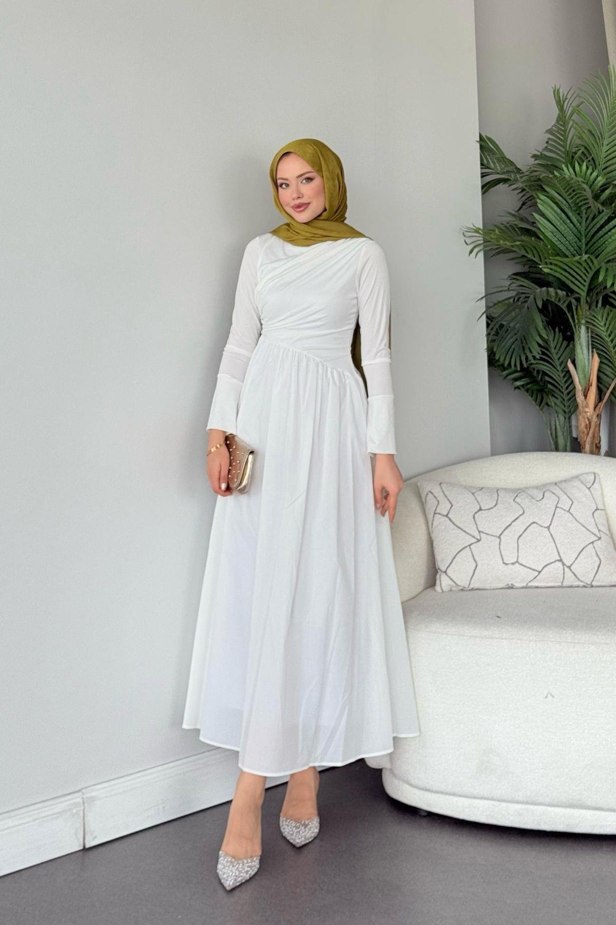 Nigar Garnili Elbise Beyaz, Fiyatları Nigar Garnili Elbise Beyaz- Haza Moda 