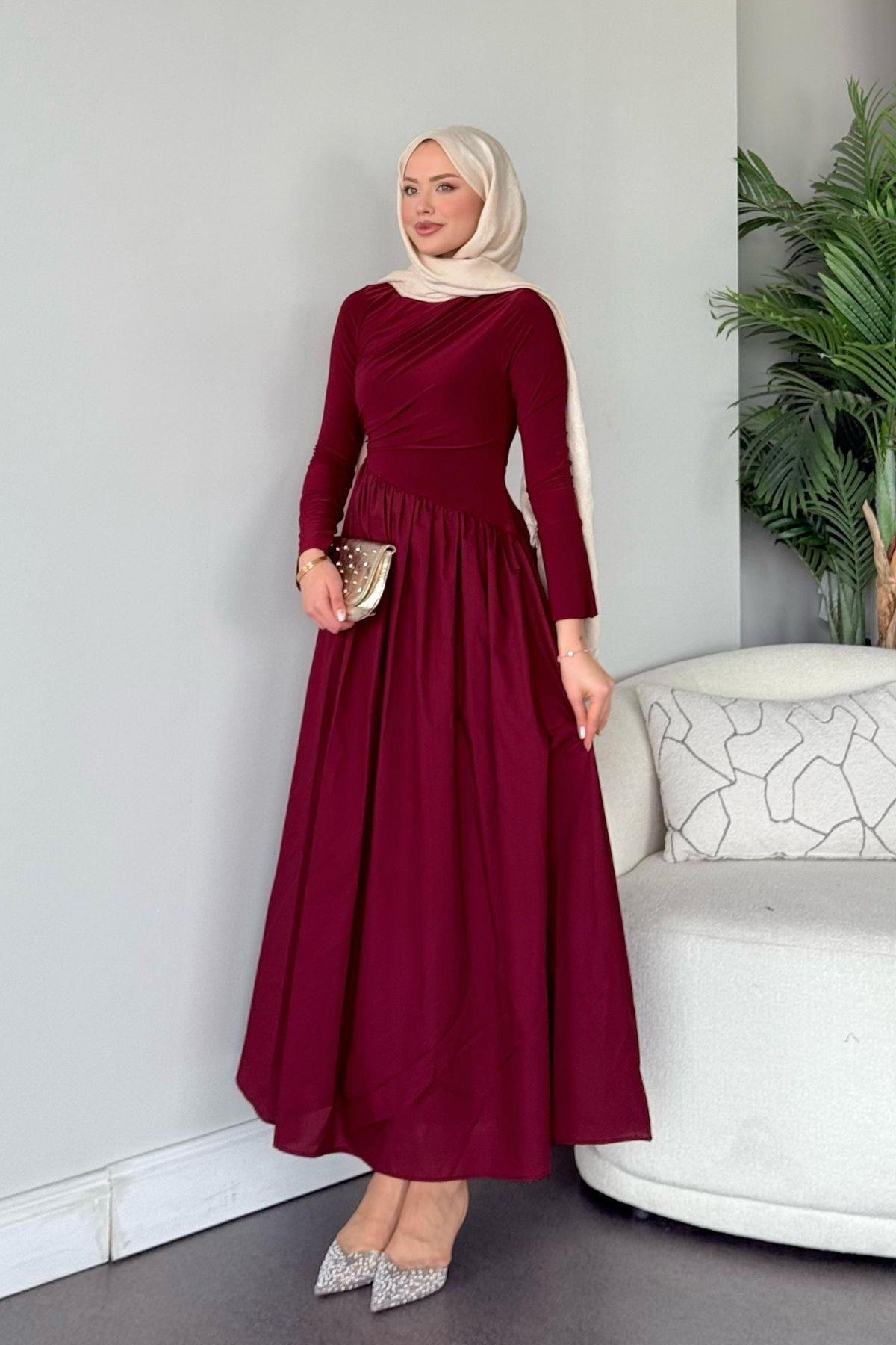 Nigar Garnili Elbise Bordo, Fiyatları Nigar Garnili Elbise Bordo- Haza Moda 