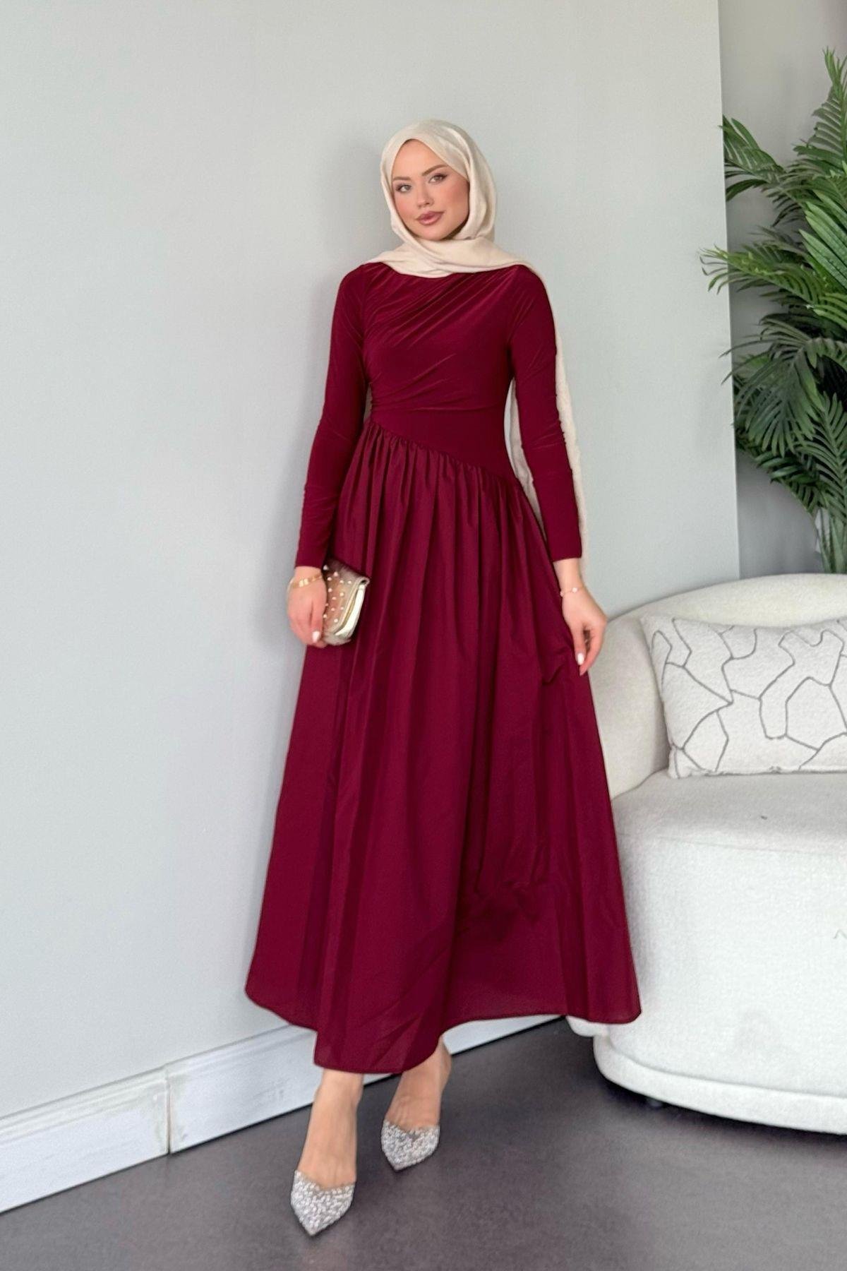 Nigar Garnili Elbise Bordo, Fiyatları Nigar Garnili Elbise Bordo- Haza Moda 