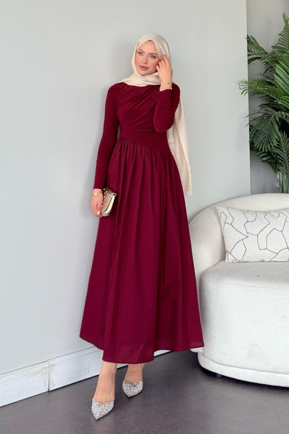 Nigar Garnili Elbise Bordo, Fiyatları Nigar Garnili Elbise Bordo- Haza Moda 