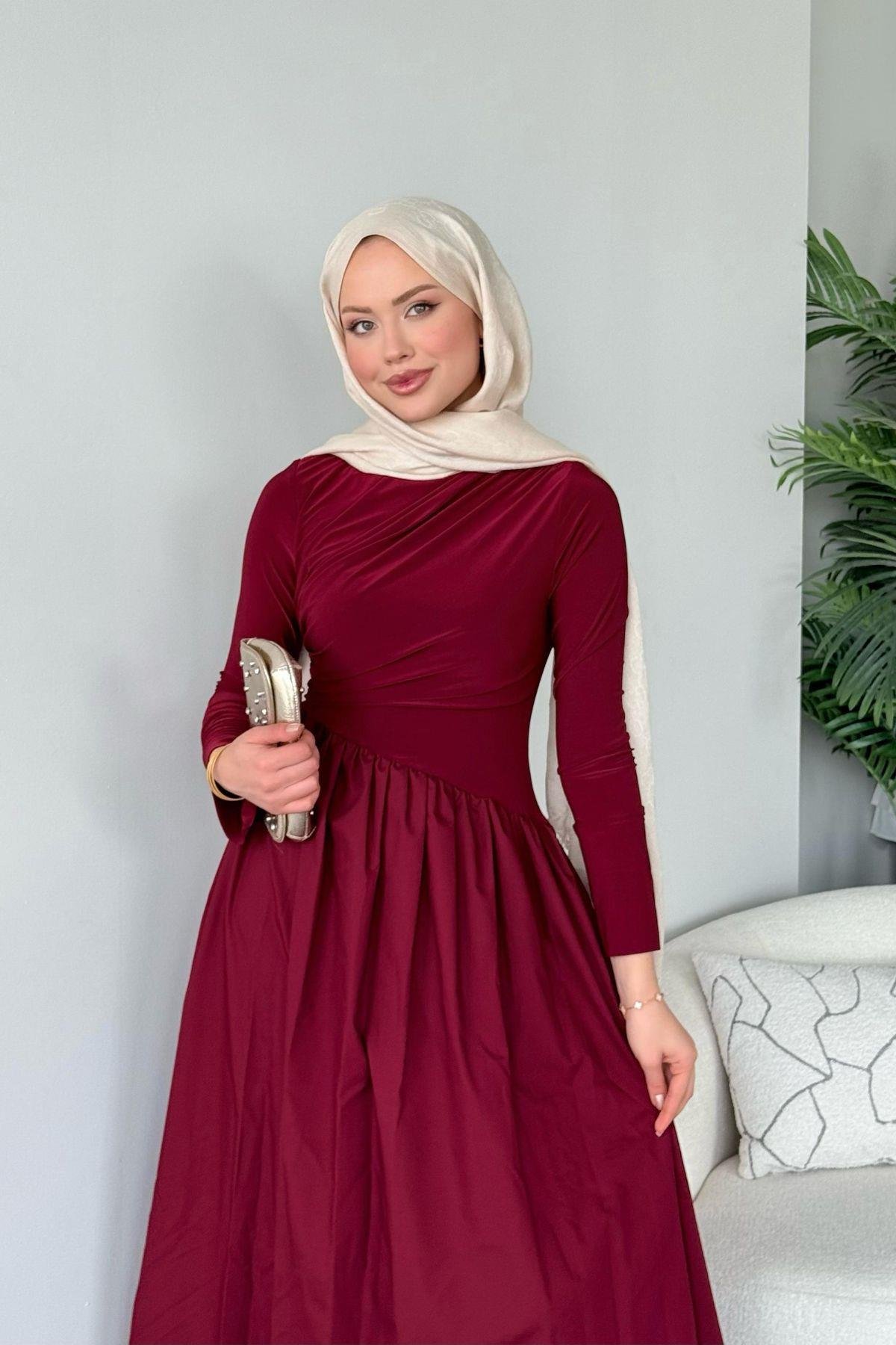 Nigar Garnili Elbise Bordo, Fiyatları Nigar Garnili Elbise Bordo- Haza Moda 