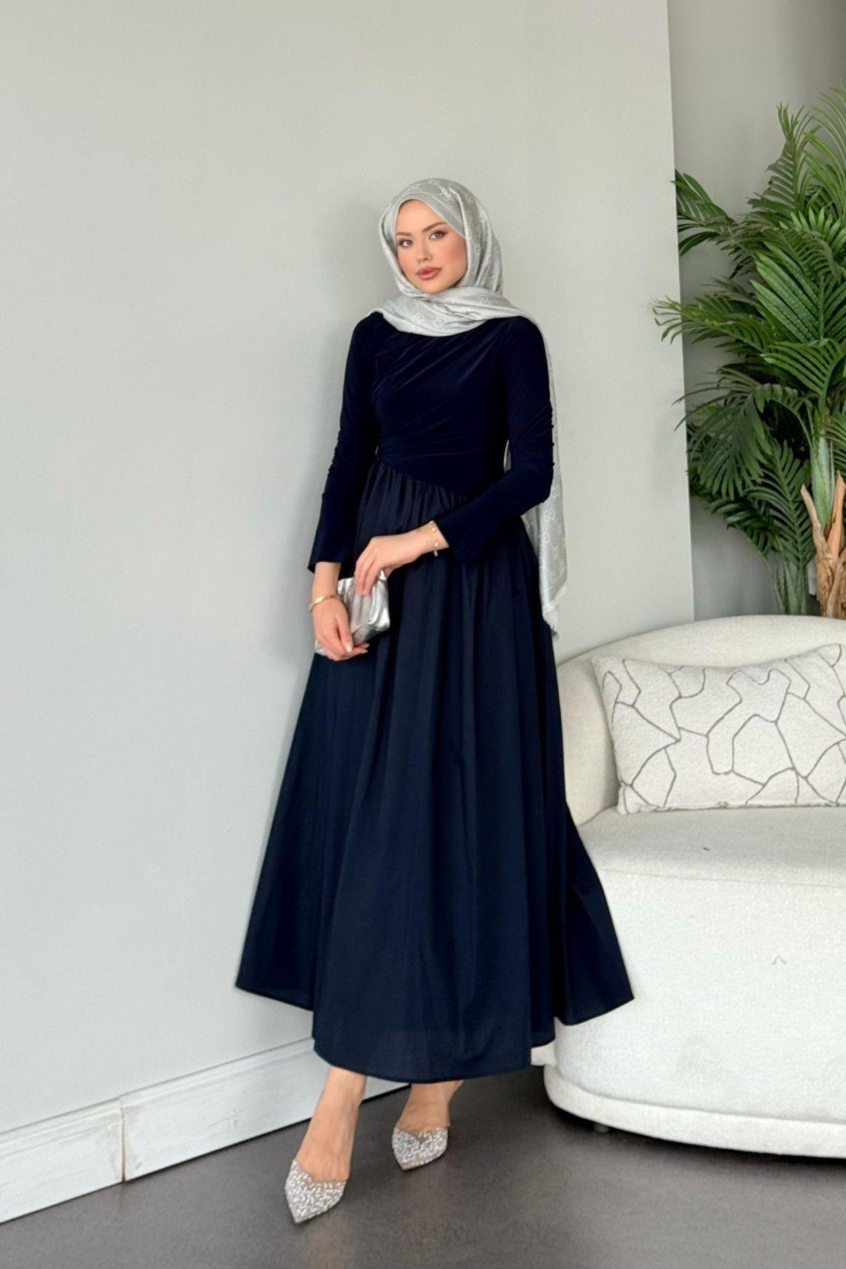 Nigar Garnili Elbise Lacivert, Fiyatları Nigar Garnili Elbise Lacivert- Haza Moda 