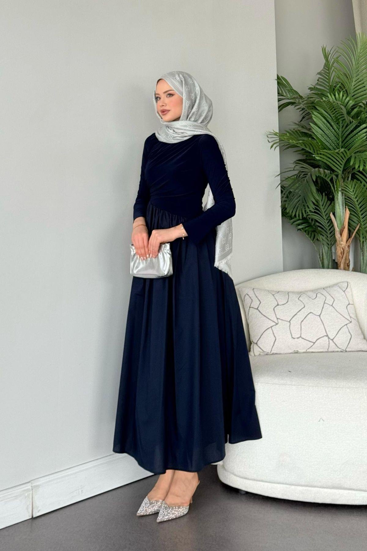 Nigar Garnili Elbise Lacivert, Fiyatları Nigar Garnili Elbise Lacivert- Haza Moda 