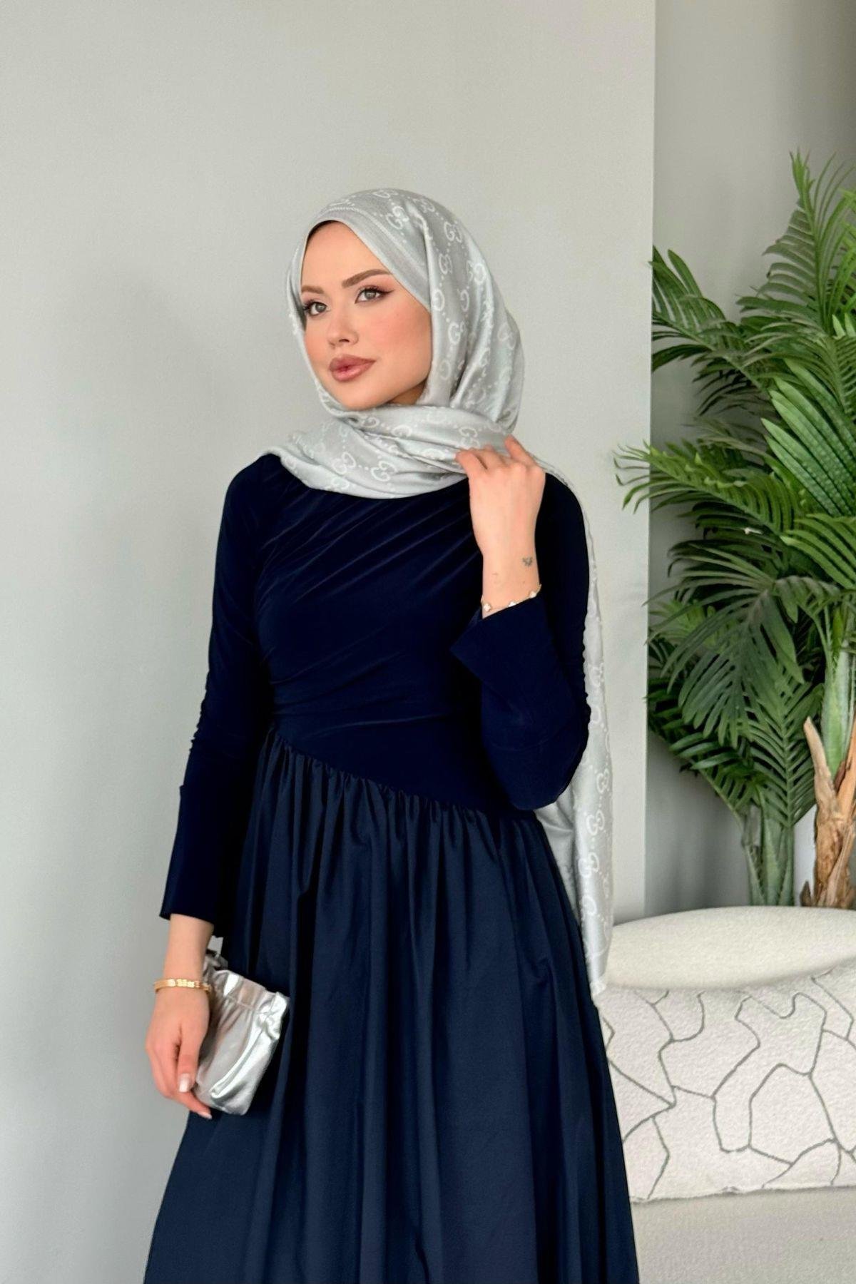 Nigar Garnili Elbise Lacivert, Fiyatları Nigar Garnili Elbise Lacivert- Haza Moda 