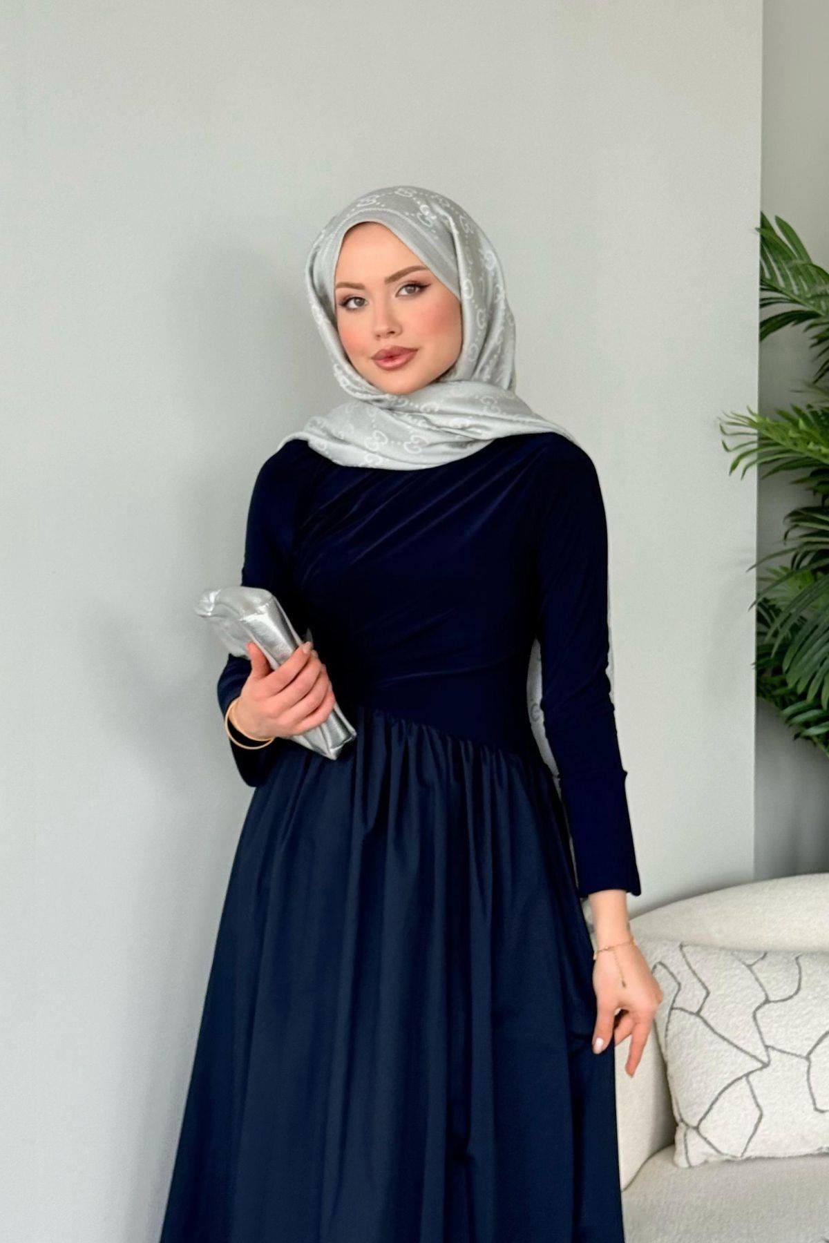 Nigar Garnili Elbise Lacivert, Fiyatları Nigar Garnili Elbise Lacivert- Haza Moda 