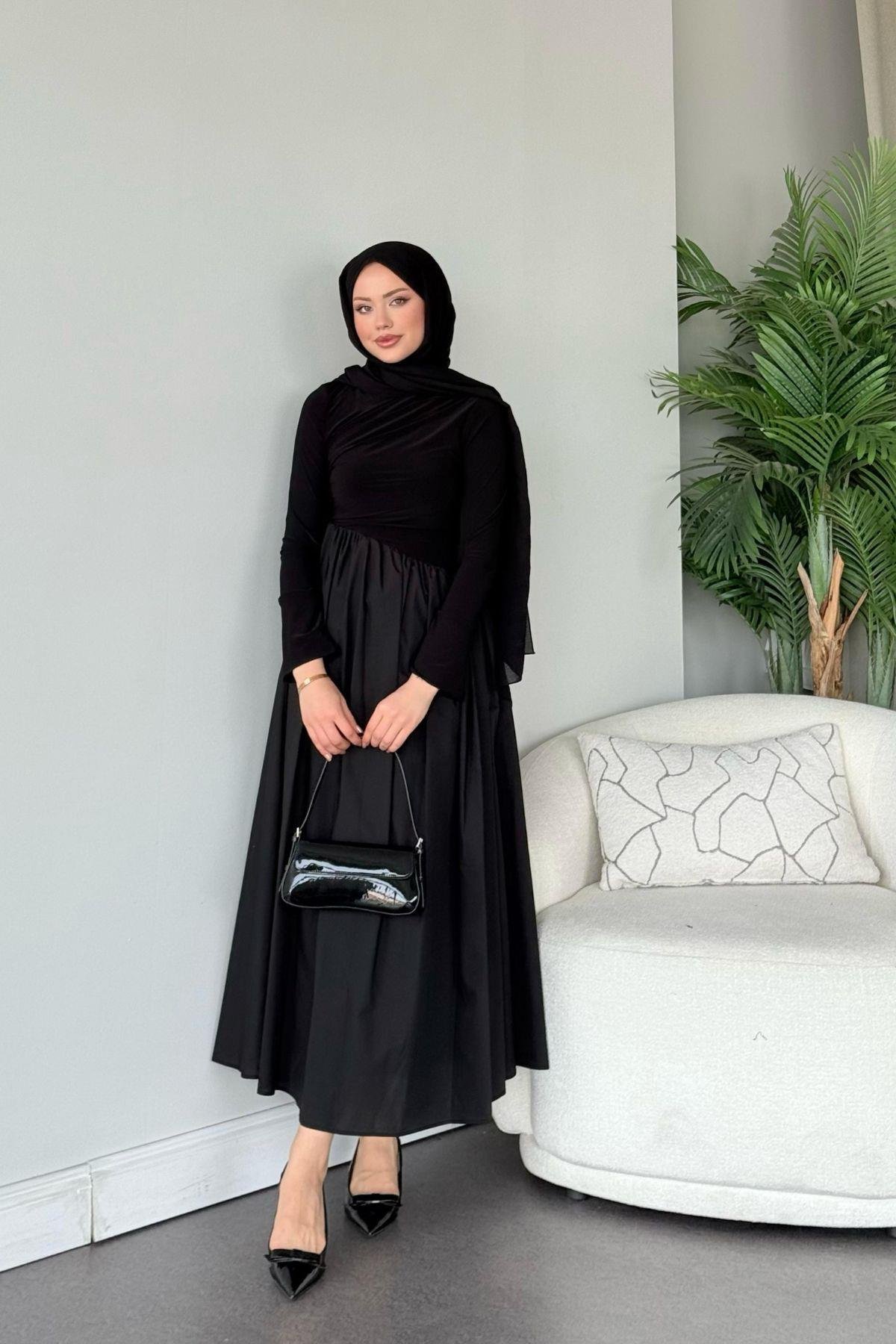 Nigar Garnili Elbise Siyah, Fiyatları Nigar Garnili Elbise Siyah- Haza Moda 