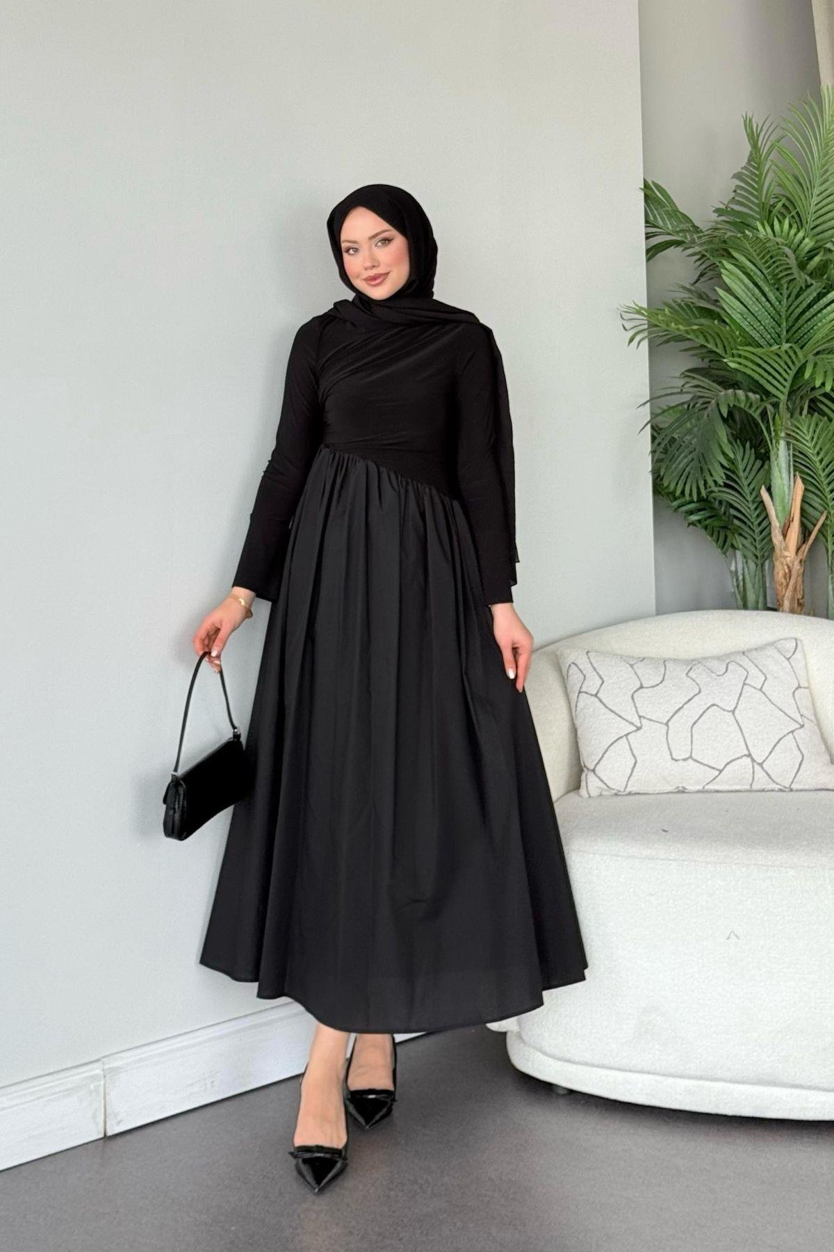 Nigar Garnili Elbise Siyah, Fiyatları Nigar Garnili Elbise Siyah- Haza Moda 