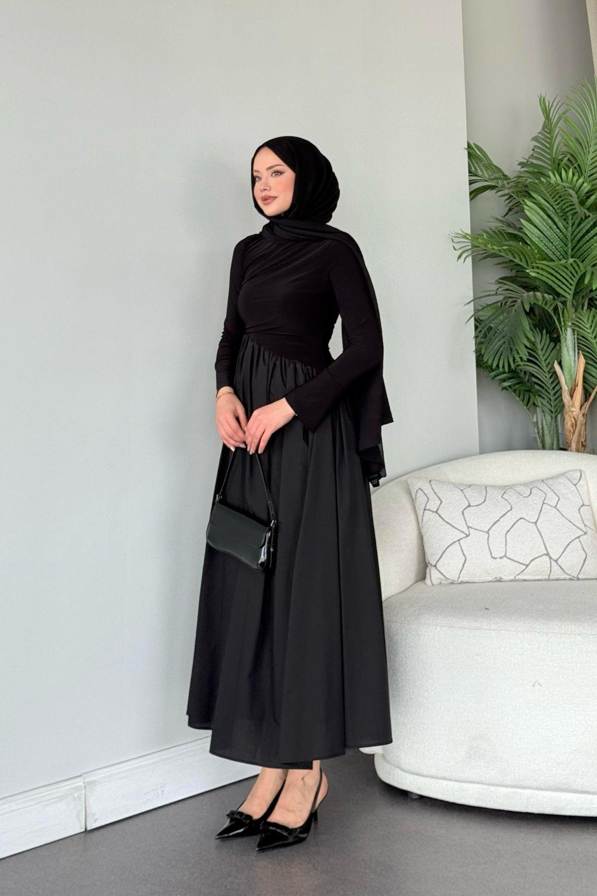 Nigar Garnili Elbise Siyah, Fiyatları Nigar Garnili Elbise Siyah- Haza Moda 