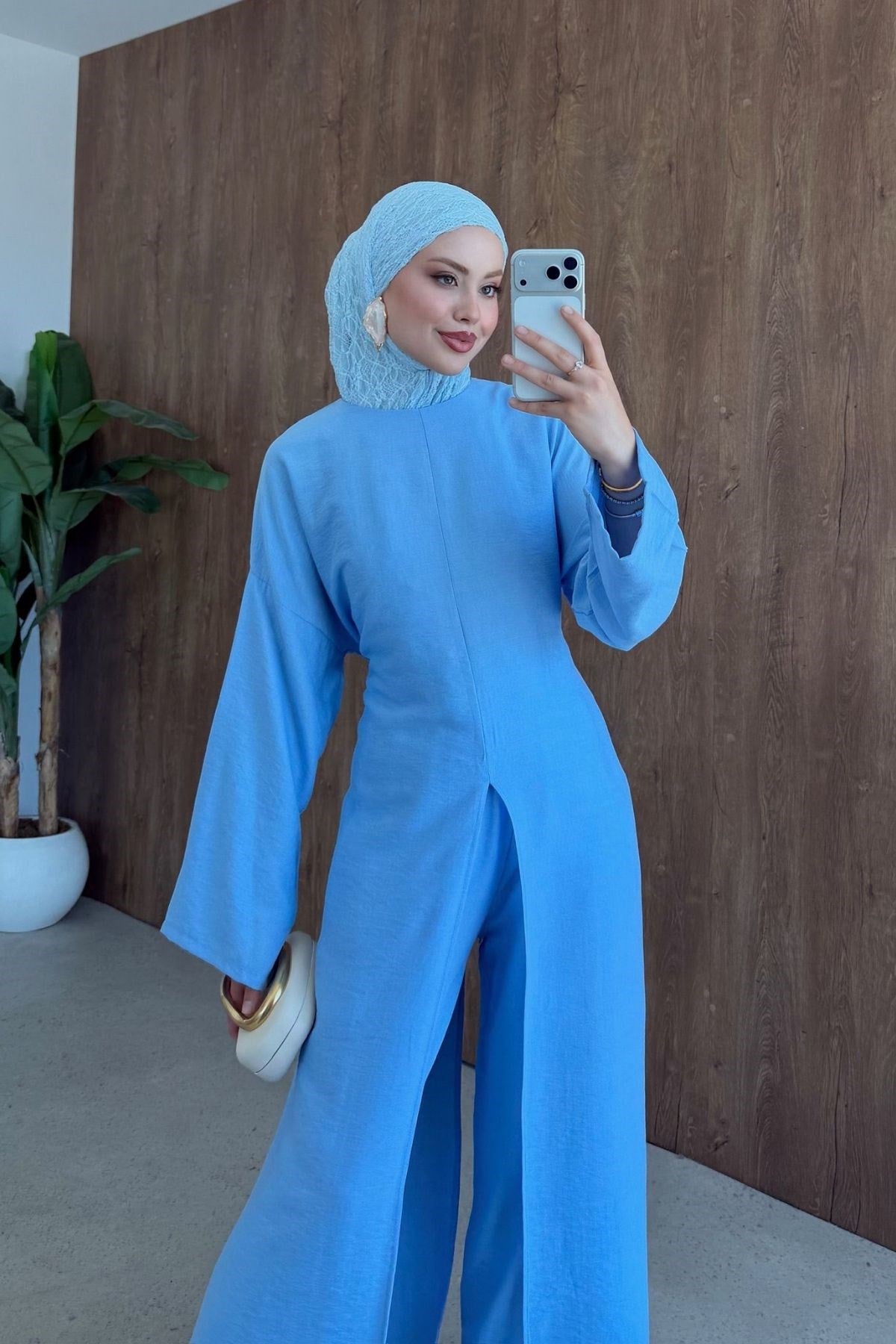 Nora Ön Yırtmaçlı Keten Takım Mavi, Fiyatları 