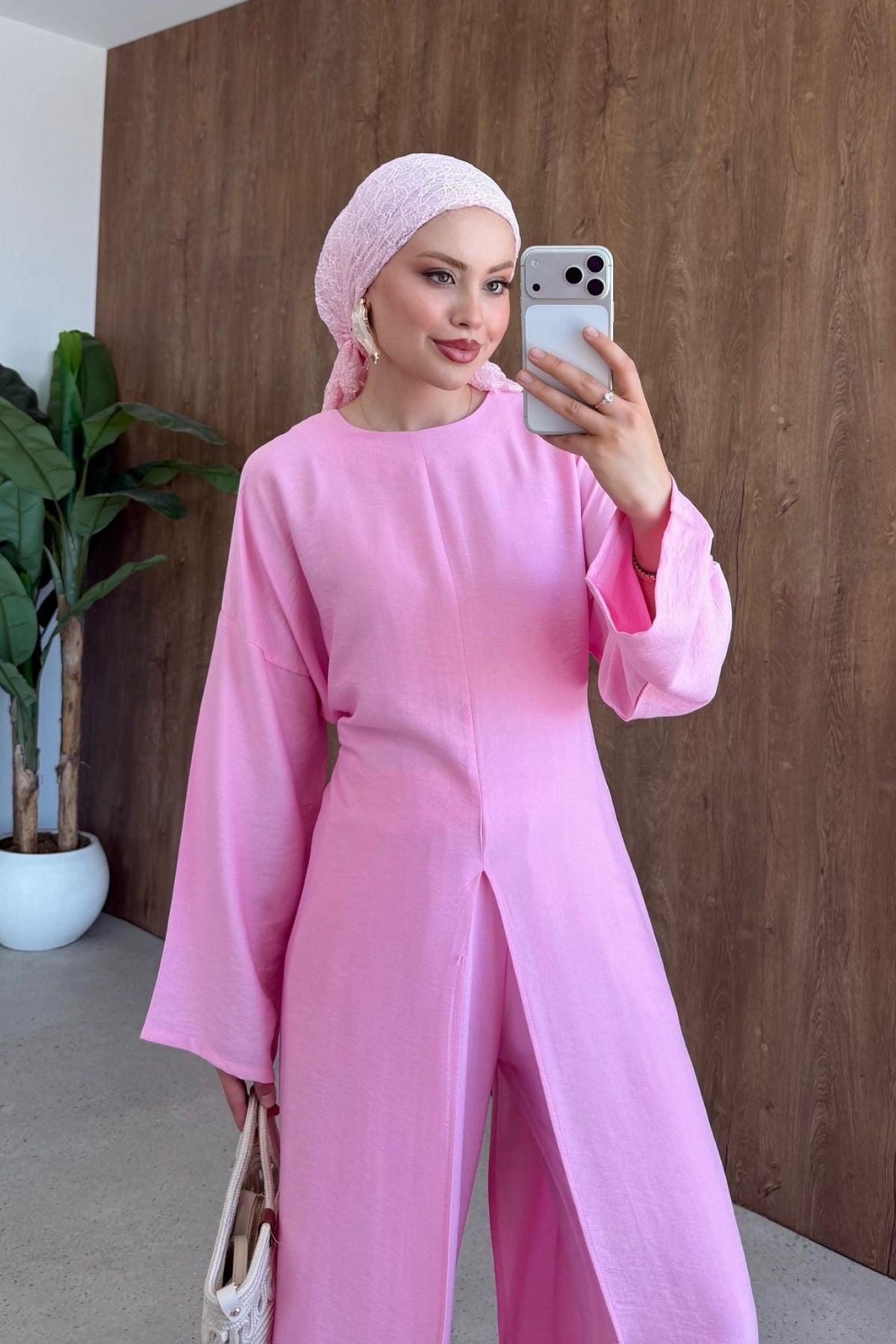 Nora Ön Yırtmaçlı Keten Takım Pembe, Fiyatları 