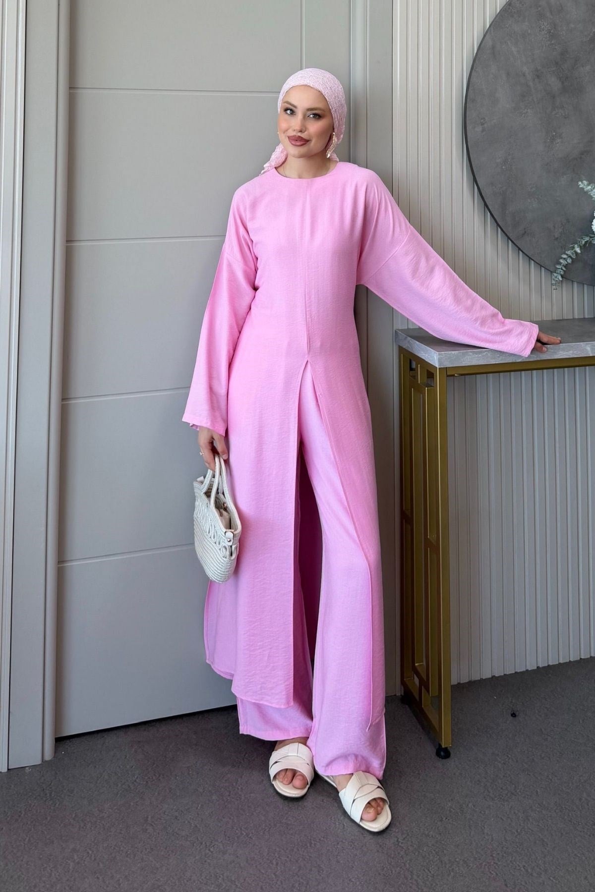 Nora Ön Yırtmaçlı Keten Takım Pembe, Fiyatları 