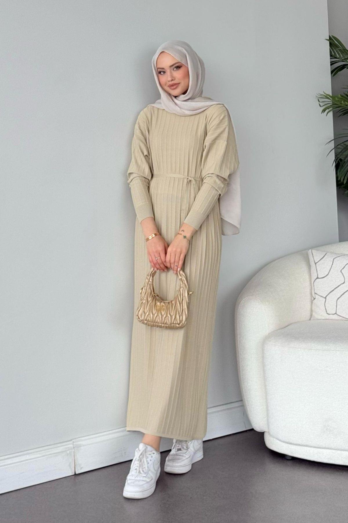 Nur Merserize Elbise Bej, Fiyatları Nur Merserize Elbise Bej - Haza Moda 