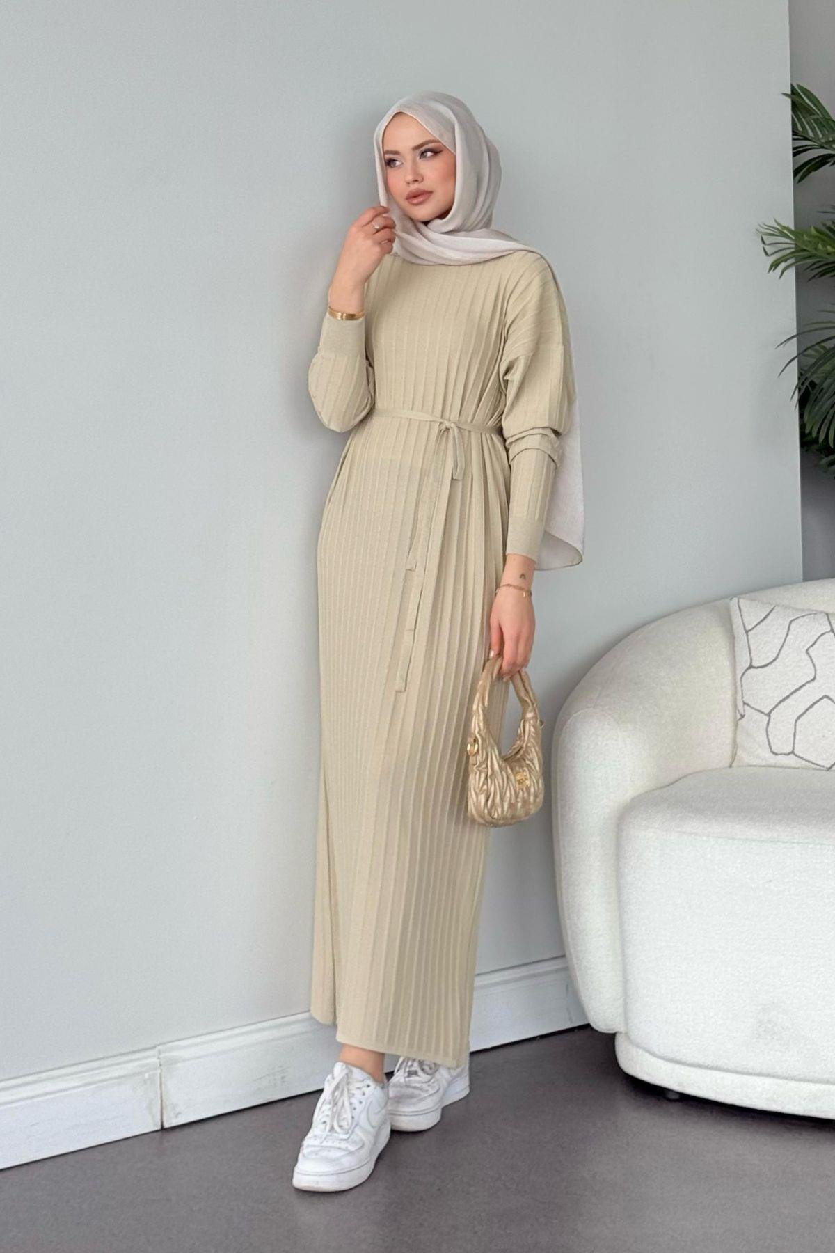 Nur Merserize Elbise Bej, Fiyatları Nur Merserize Elbise Bej - Haza Moda 