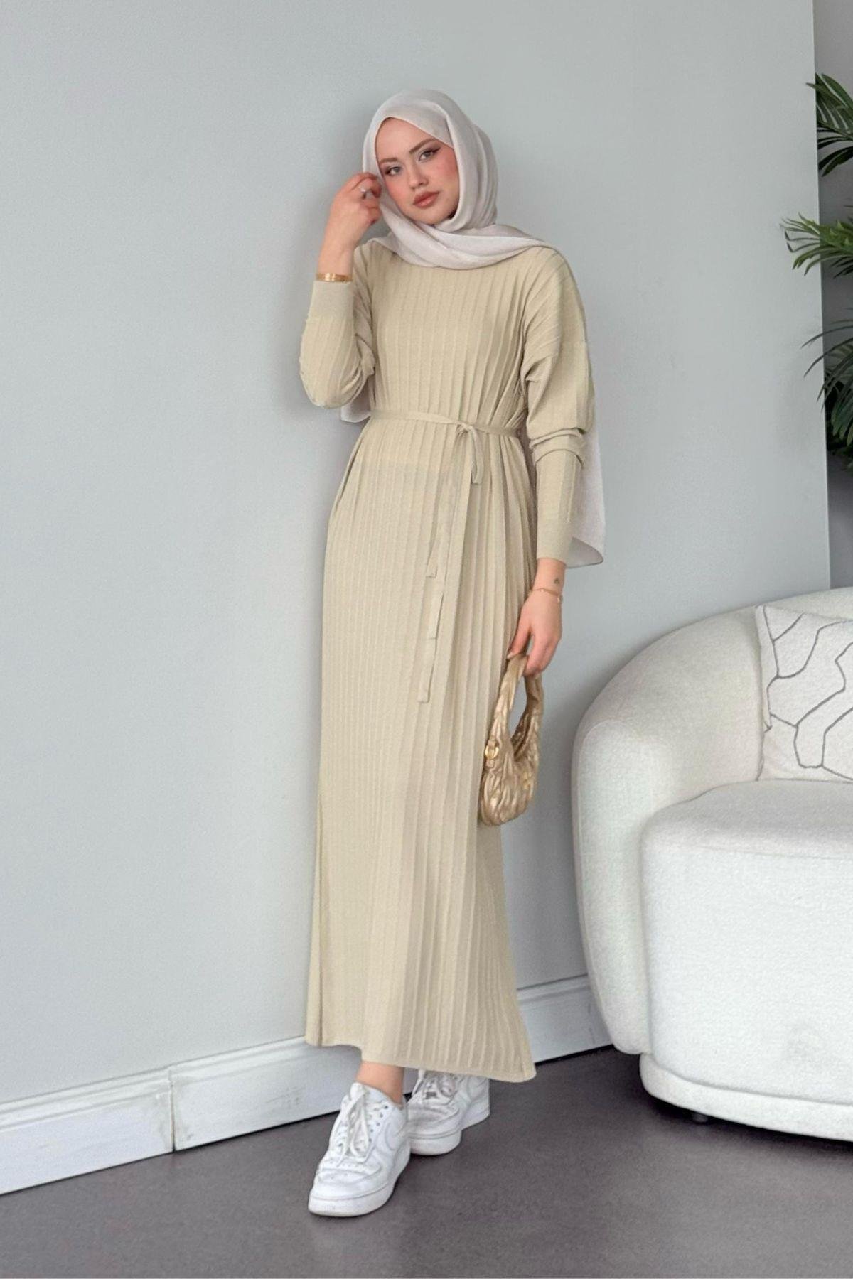 Nur Merserize Elbise Bej, Fiyatları Nur Merserize Elbise Bej - Haza Moda 