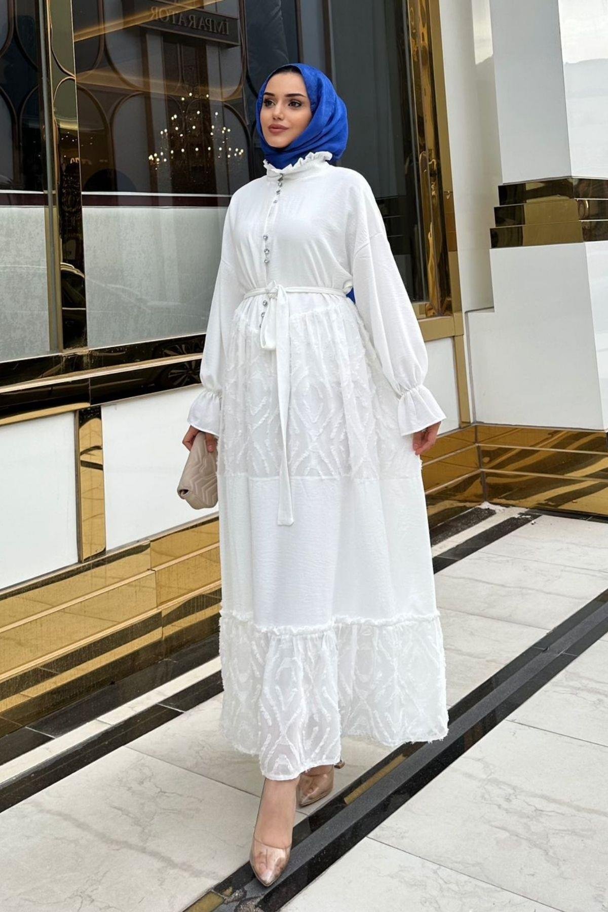 Olive Elbise Beyaz, Fiyatları Olive Elbise Beyaz – Haza Moda | Tesettür Giyim