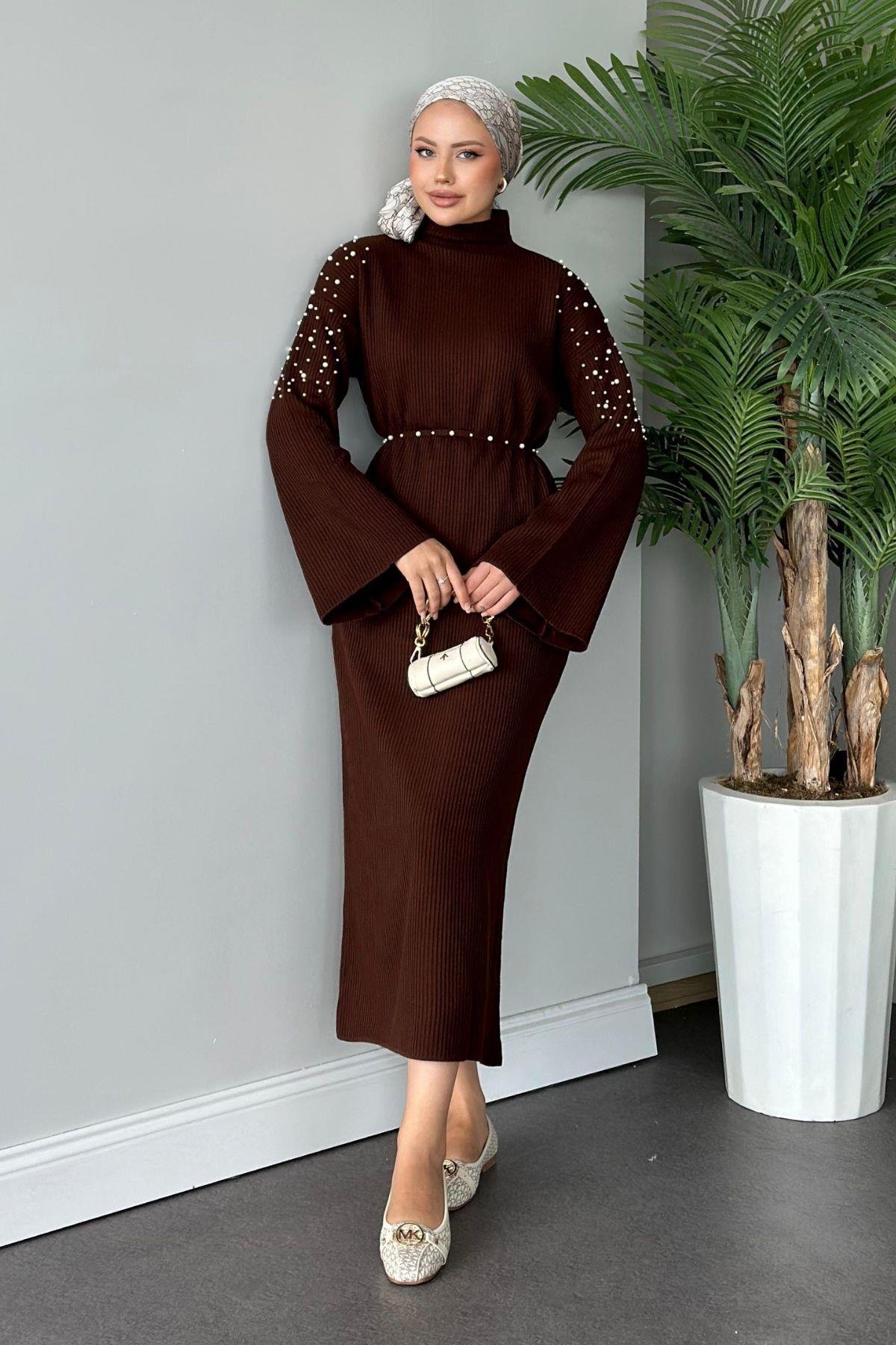 Omuzu İncili Triko Elbise Acıkahve, Fiyatları 