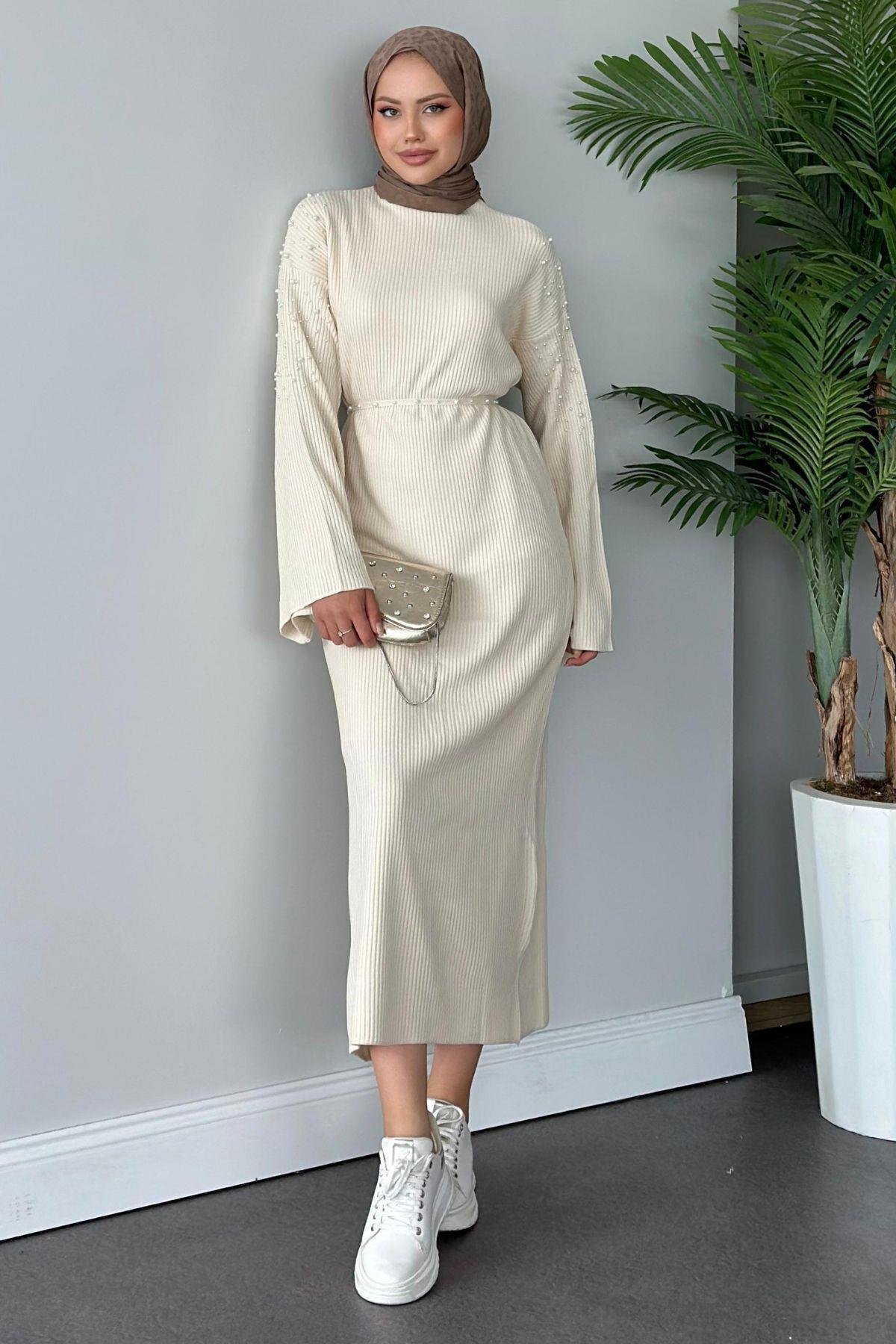 Omuzu İncili Triko Elbise Ekru, Fiyatları 