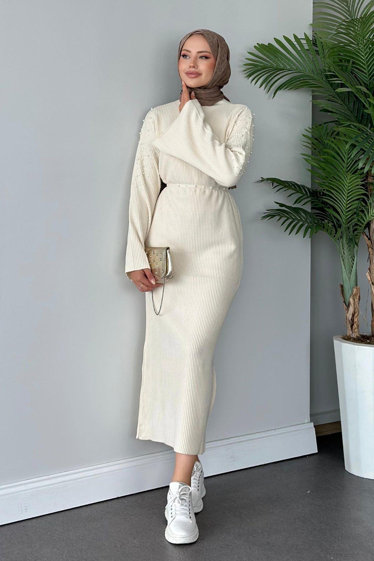 Omuzu İncili Triko Elbise Ekru, Fiyatları 