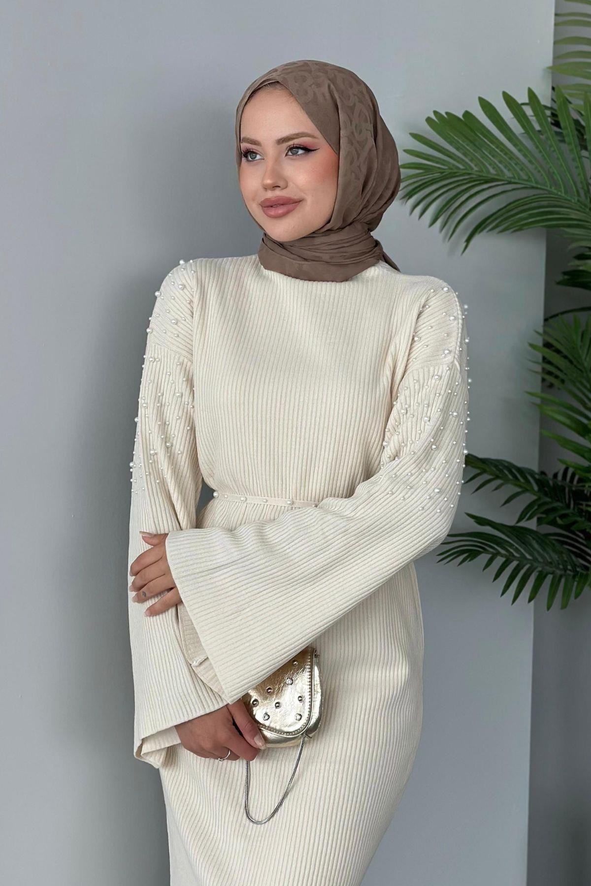 Omuzu İncili Triko Elbise Ekru, Fiyatları 