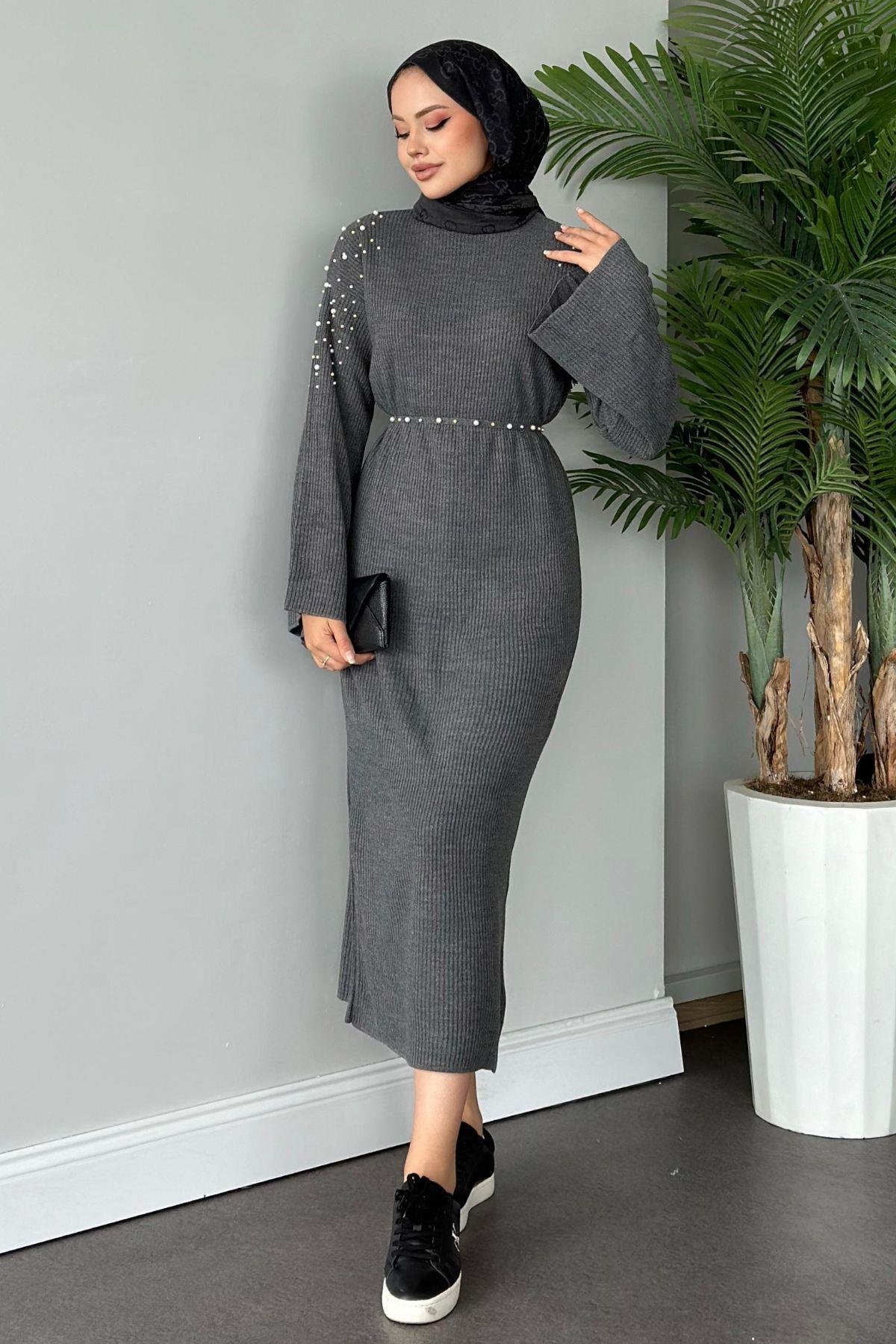 Omuzu İncili Triko Elbise Gri, Fiyatları 