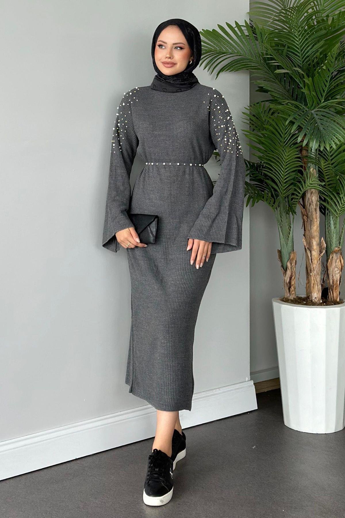 Omuzu İncili Triko Elbise Gri, Fiyatları 