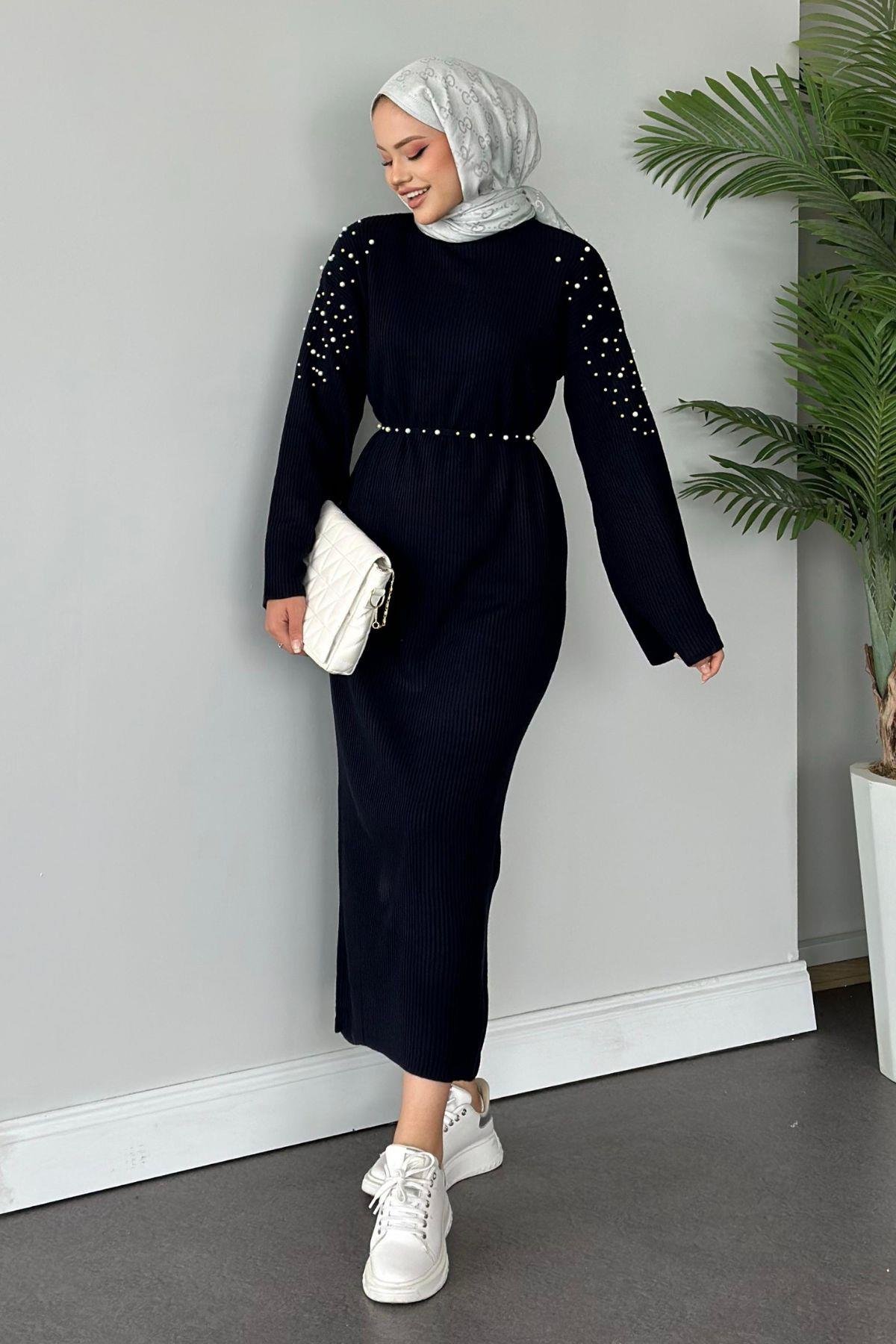 Omuzu İncili Triko Elbise Lacivert, Fiyatları 