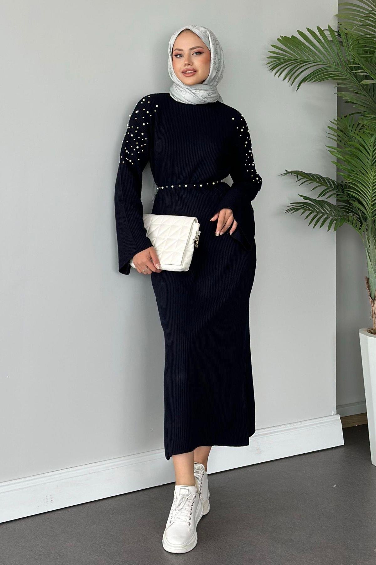 Omuzu İncili Triko Elbise Lacivert, Fiyatları 