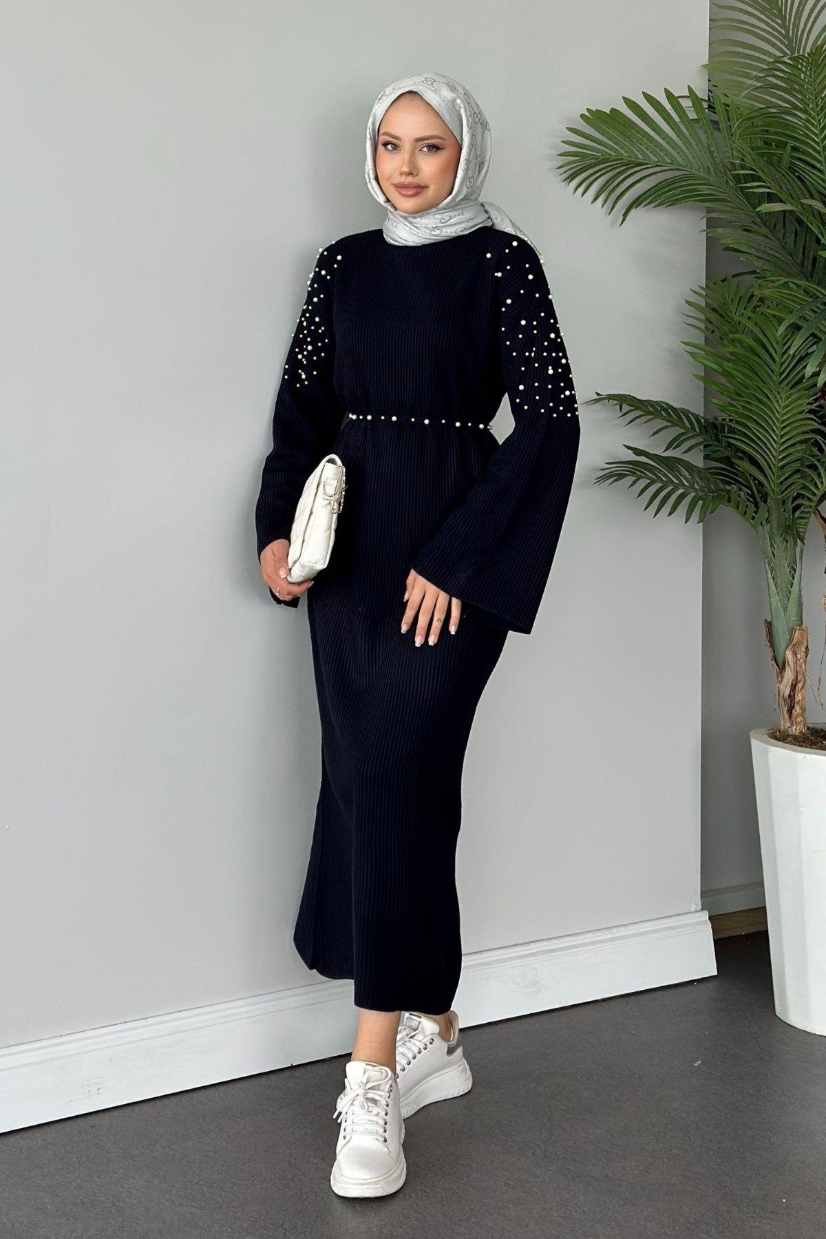 Omuzu İncili Triko Elbise Lacivert, Fiyatları 