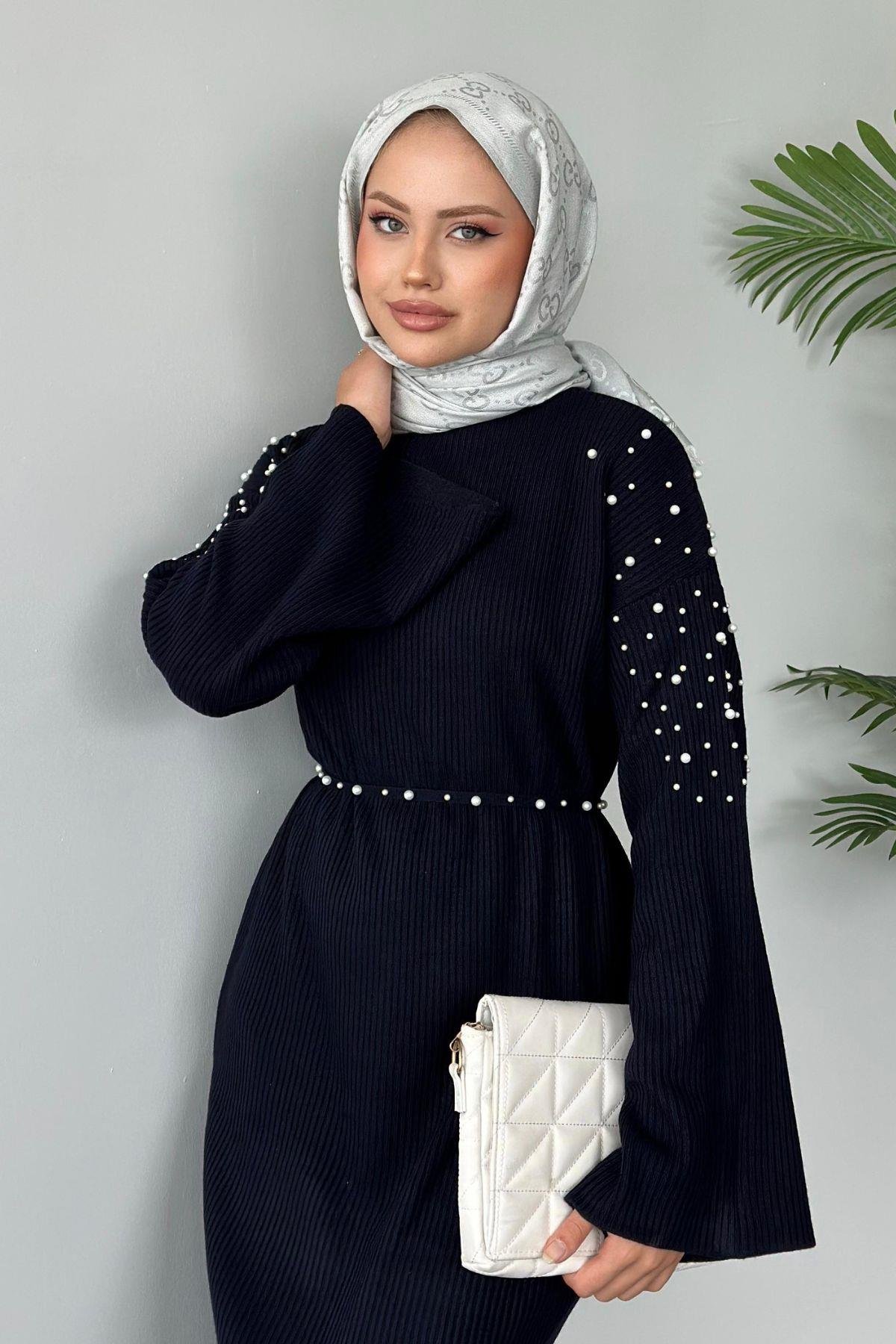 Omuzu İncili Triko Elbise Lacivert, Fiyatları 