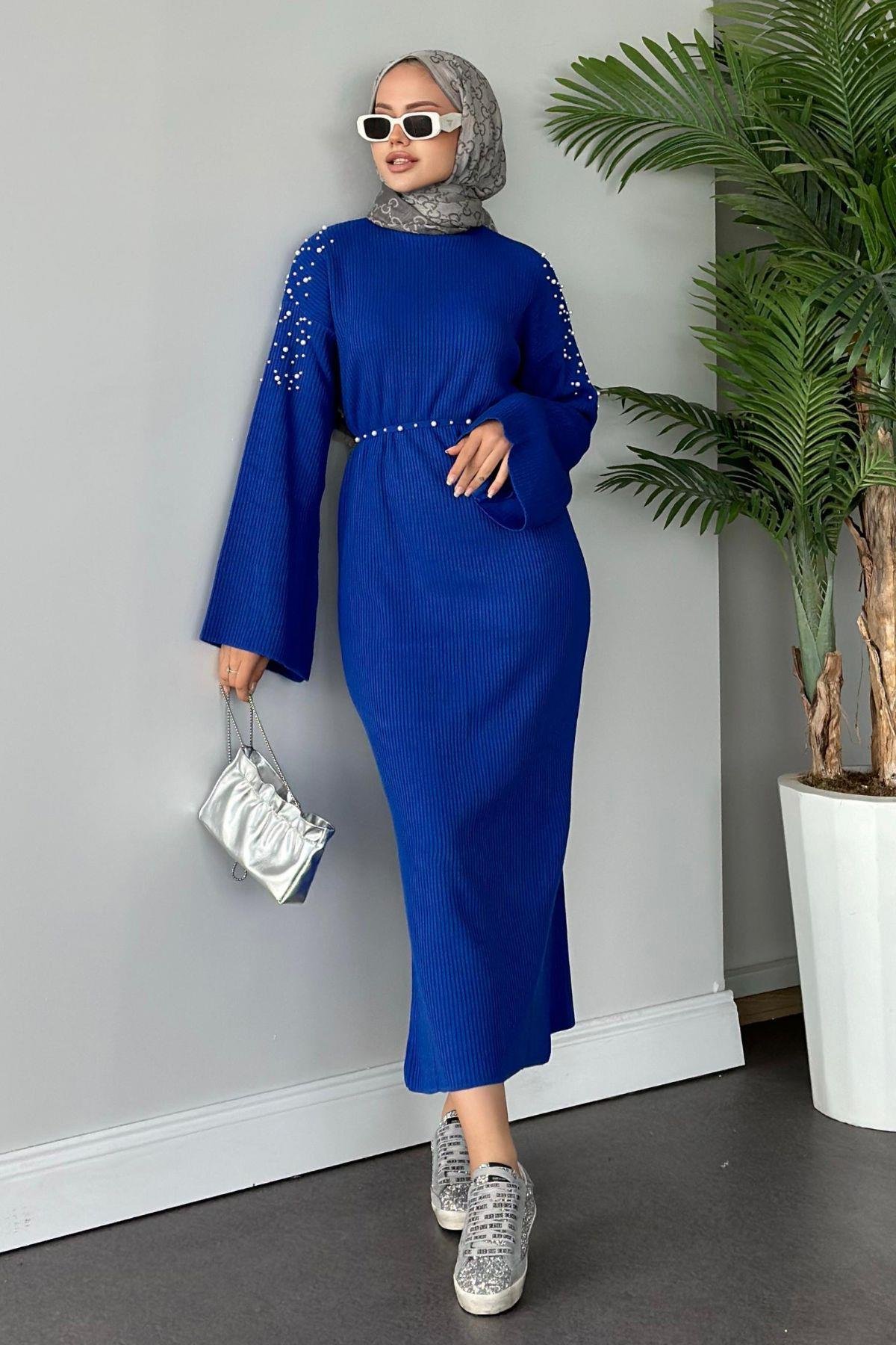 Omuzu İncili Triko Elbise Saks, Fiyatları 