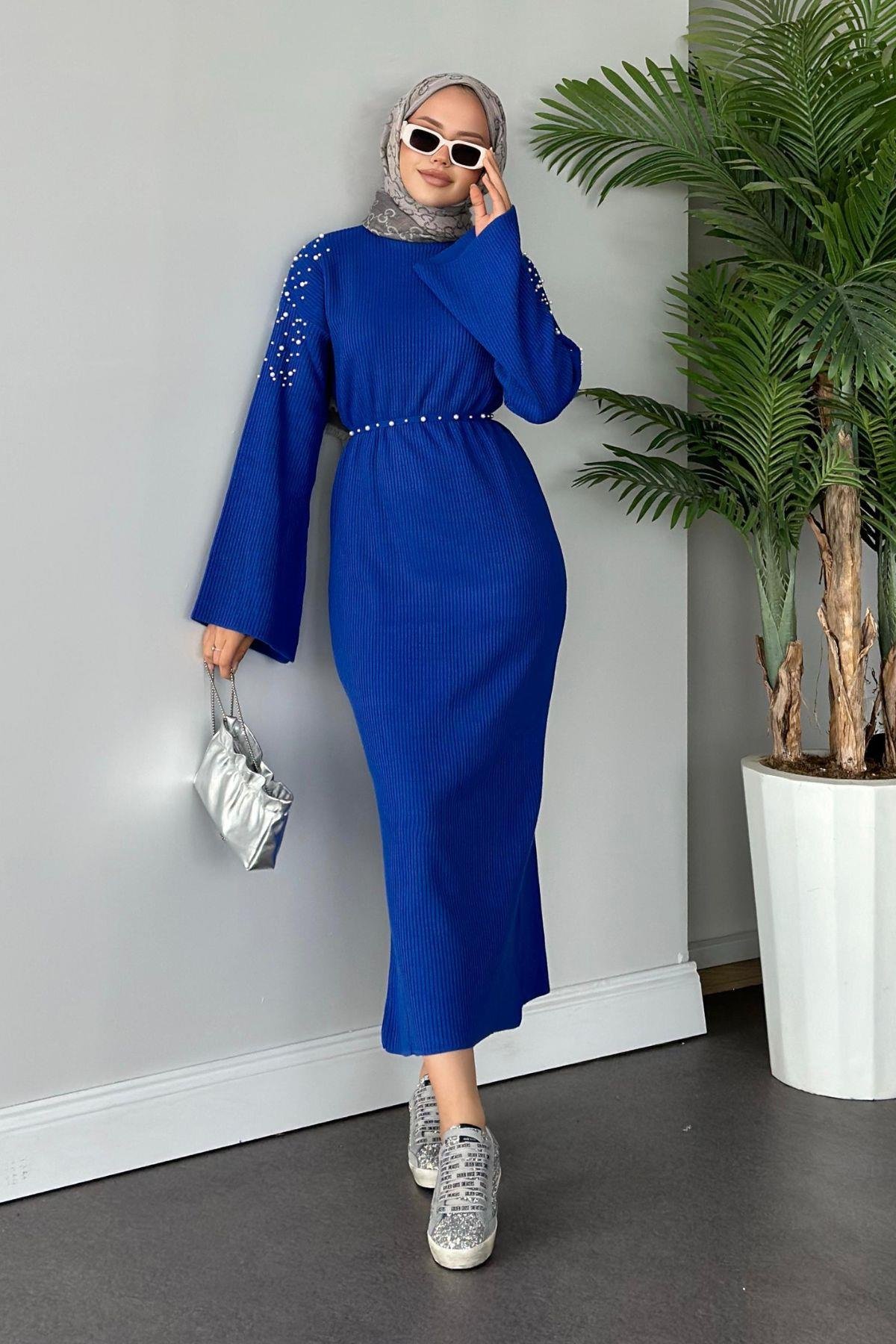 Omuzu İncili Triko Elbise Saks, Fiyatları 