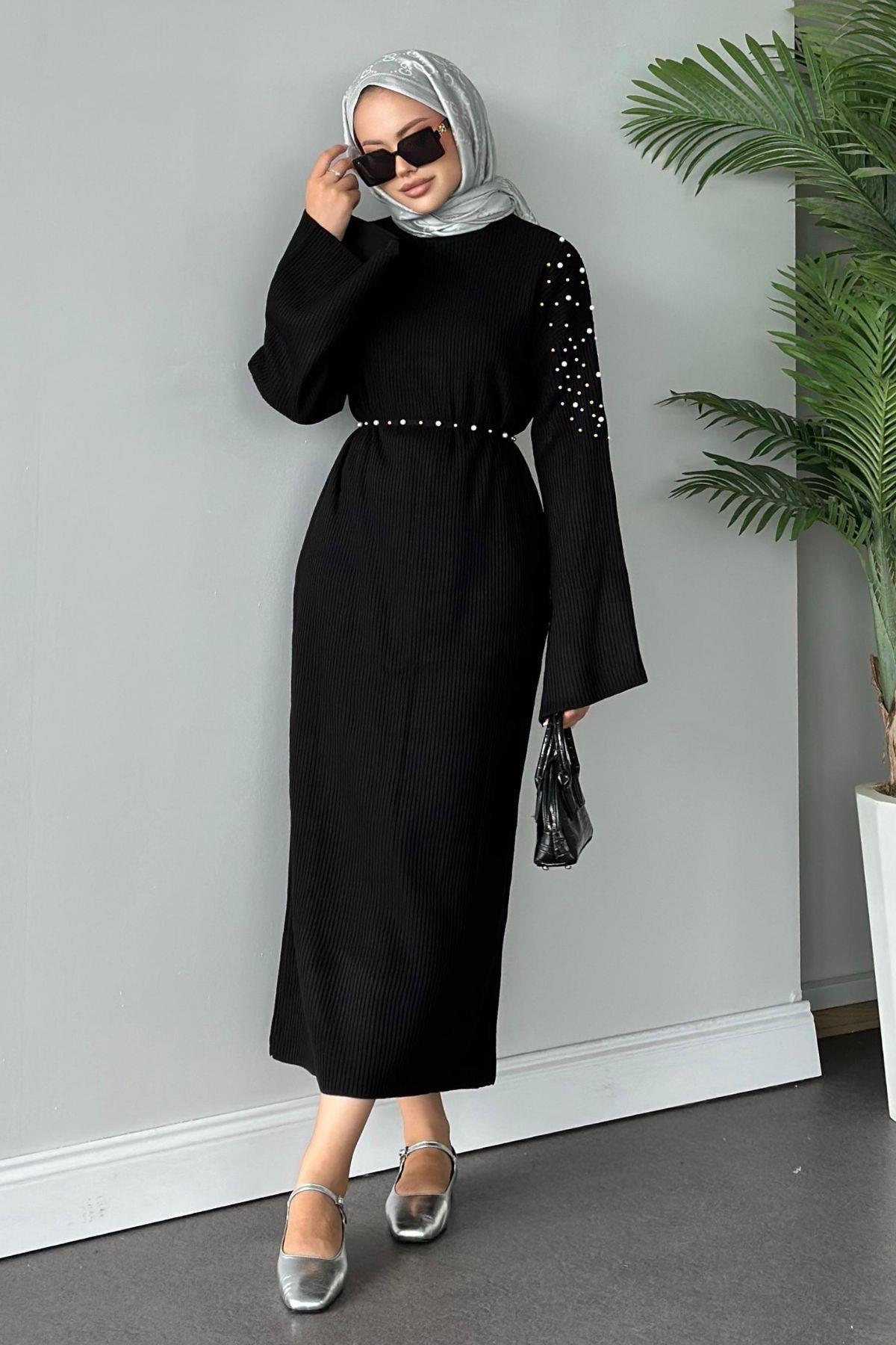 Omuzu İncili Triko Elbise Siyah, Fiyatları 